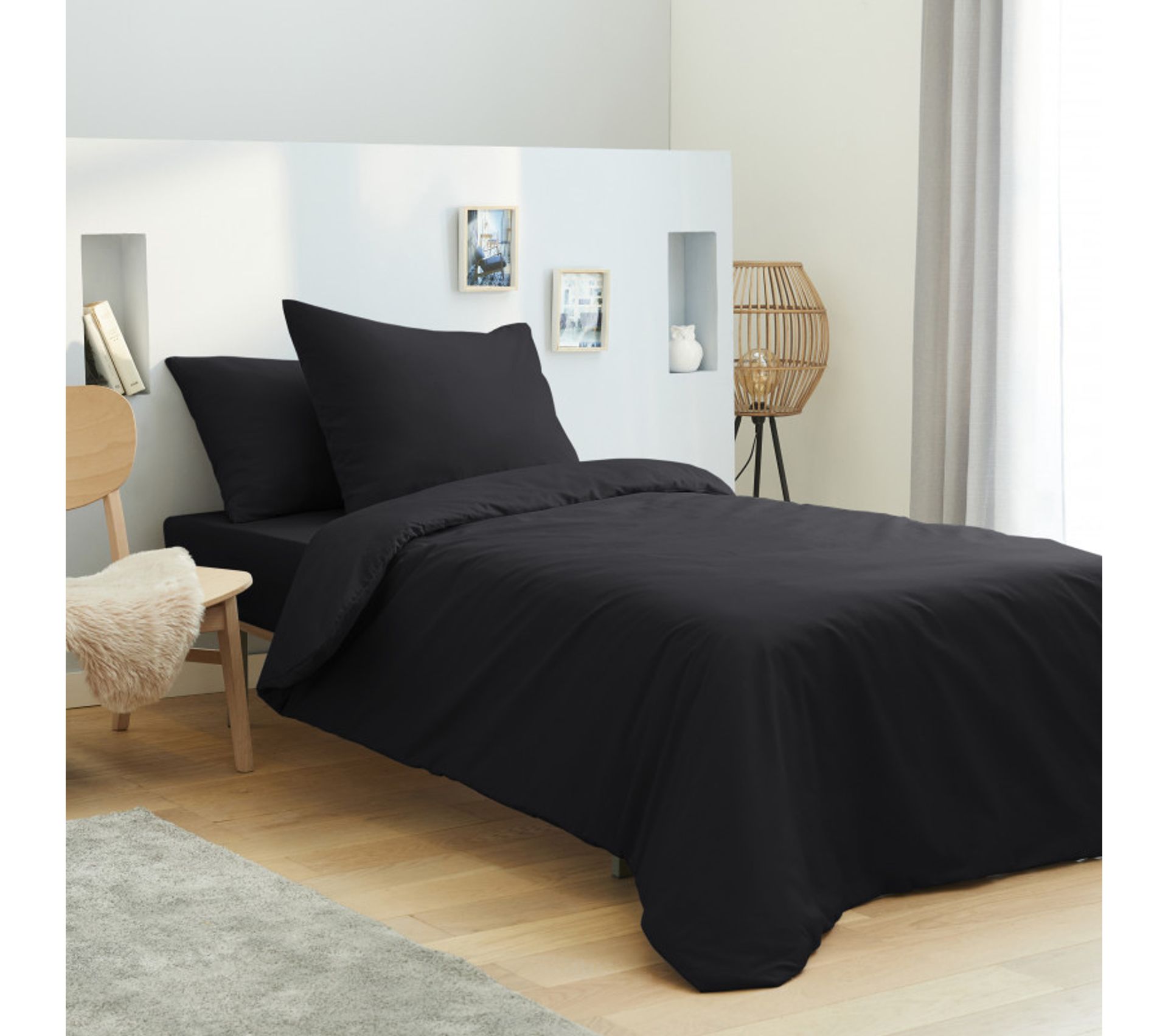 Pack Complet 4 Pièces Noir Housse De Couette Pour Lit 90 X 190 Cm 100%