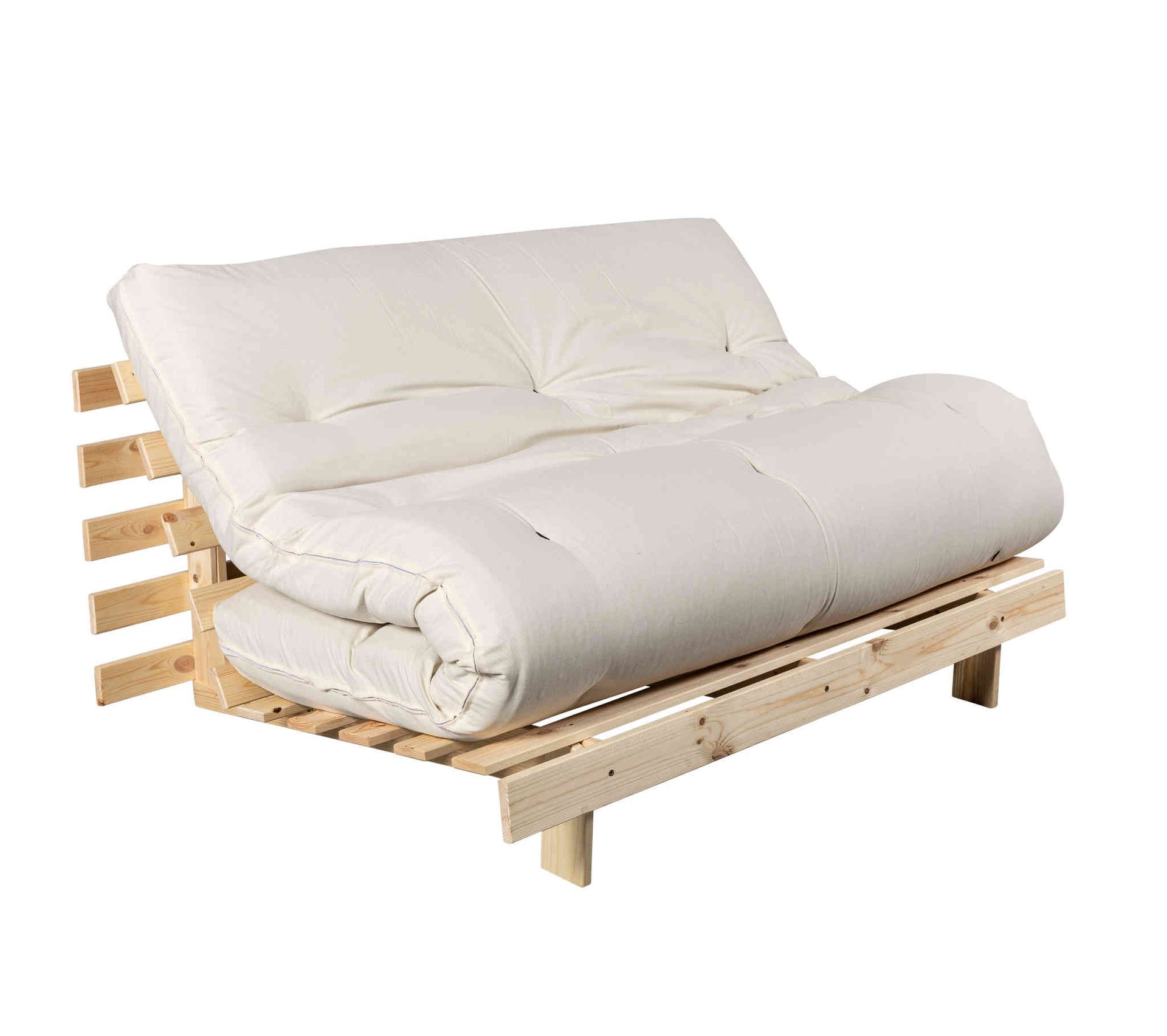 Pack Futon Matelas Latex Écru Structure En Bois Naturel 160x200