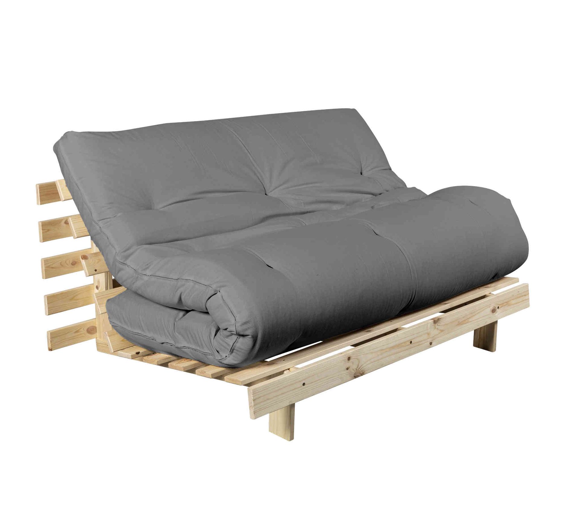 Pack Futon Matelas Latex Gris Clair Structure En Bois Naturel 160x200
