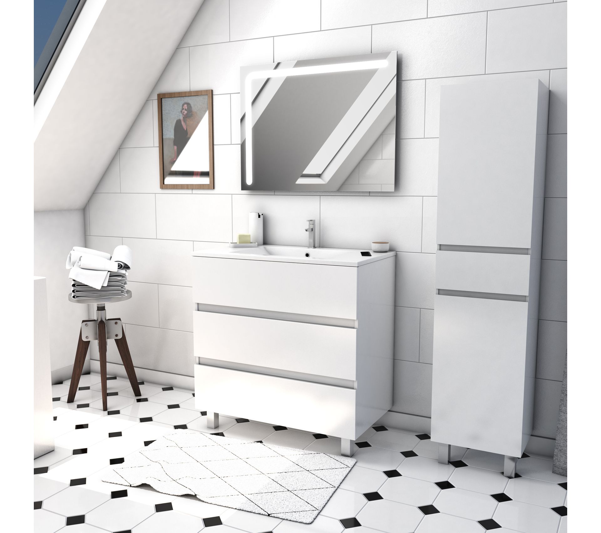 Ensemble Meuble De Salle De Bain Blanc 60 Cm Sur Pied 3 Tiroirs