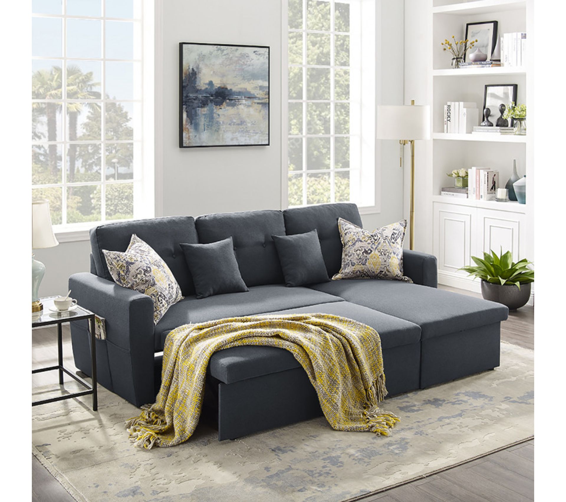 Canapé Angle Droit Convertible 3 Places Tissu Gris Anthracite - Rudy