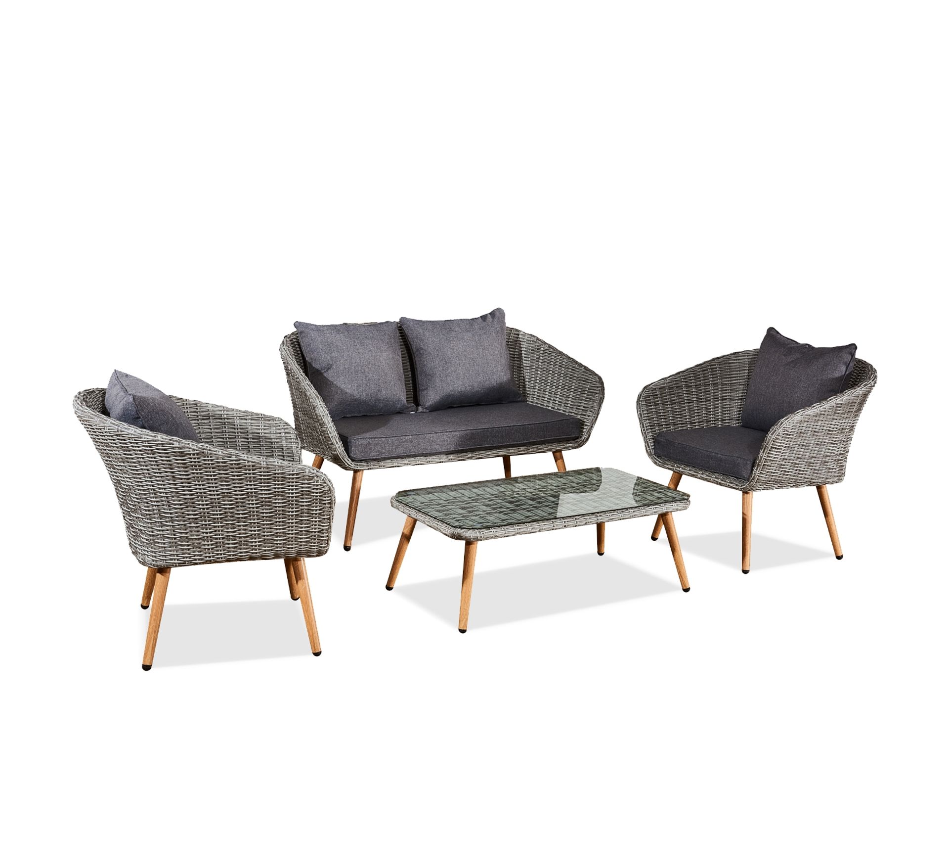 Set De Jardin 7 Pièces En Rotin Et Acacia - Table Rectangulaire + 6 Chaises Empilables Avec Coussins - Gris