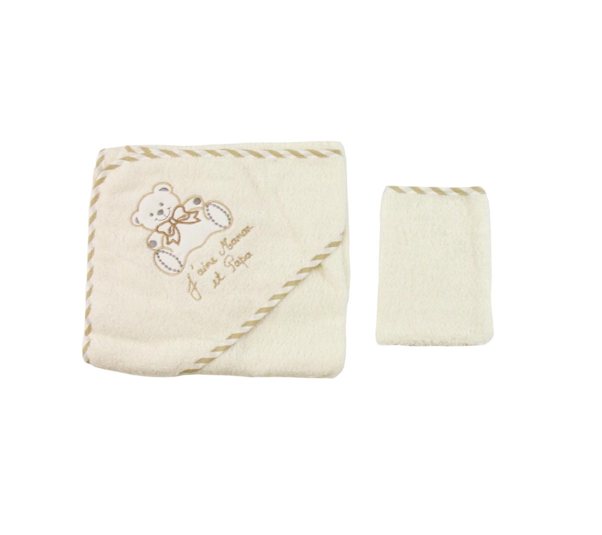 Parure De Bain Pour Bebe Beige Motif Nounours J Aime Maman Et Papa Linge De Toilette Bebe But