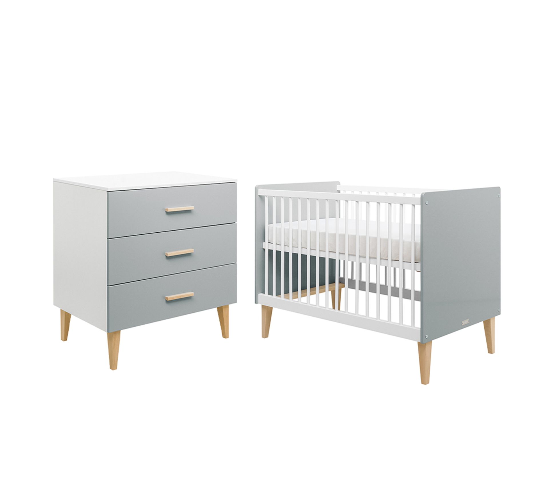 Lit Bebe 60x1 Et Commode A Langer 3 Tiroirs Emma Blanc Et Gris Chambre Bebe Complete But