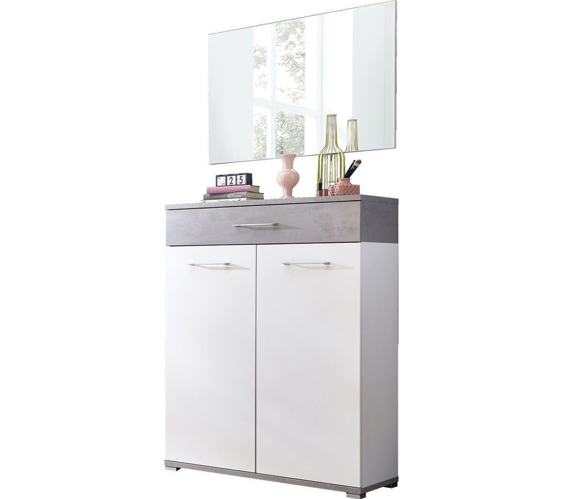 Armoire À Chaussures + Miroir En Panneaux De Particules, Aspect Blanc