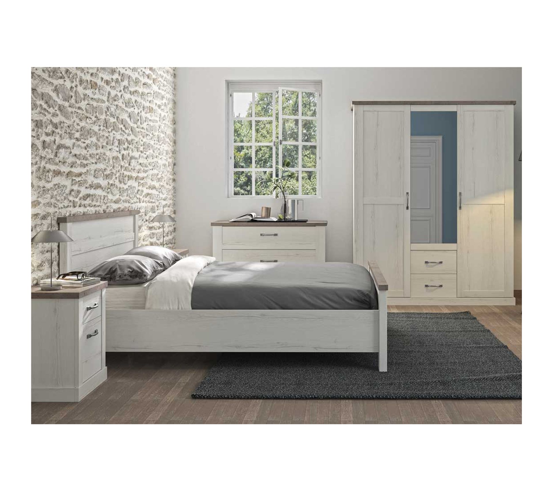 Chambre Adulte Complète (180*200) Chêne Blanchi/béton - Perle - Chambre