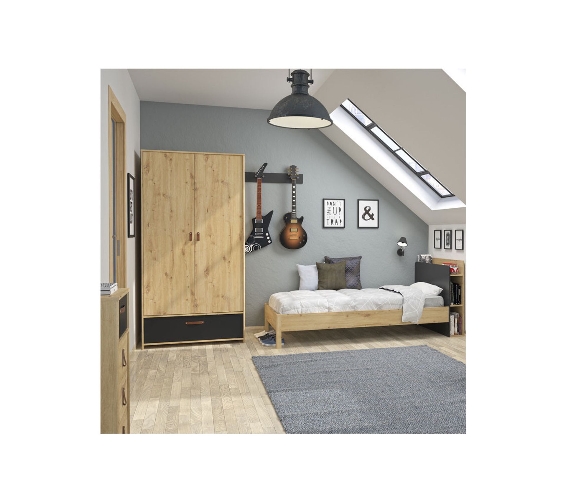 Armoire 2 Portes 1 Tiroir Chêne/noir Esther Armoire BUT