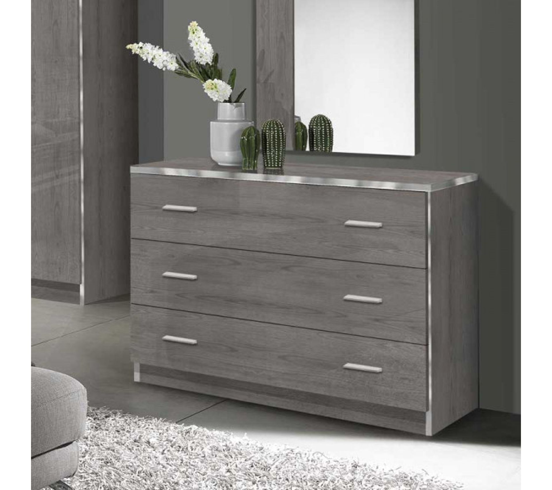 Chambre Complète 160x200 Gris - Diana - Lit + Armoire + Commode