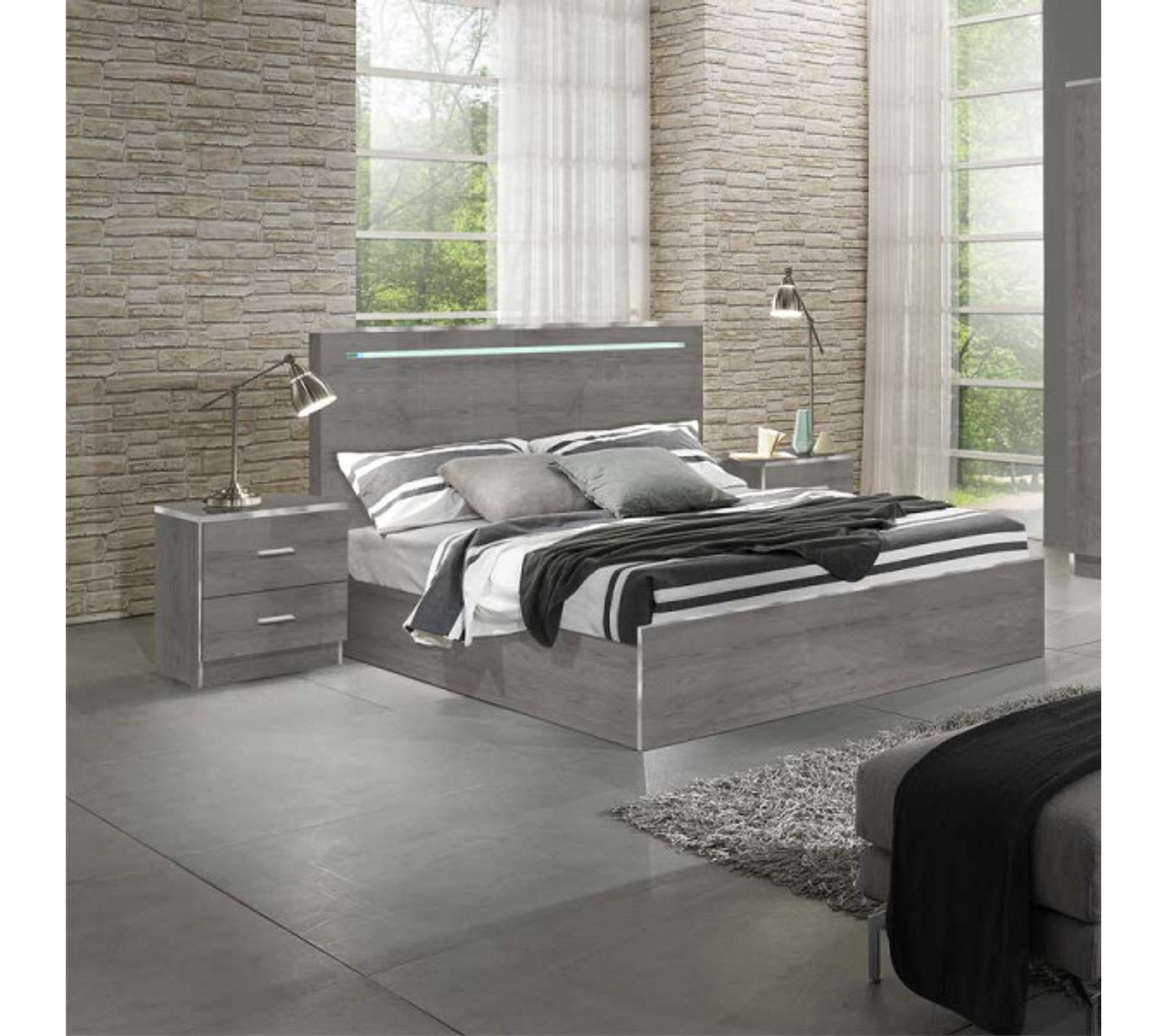 Chambre Complète 160x200 Gris - Diana - Lit + Armoire + Commode