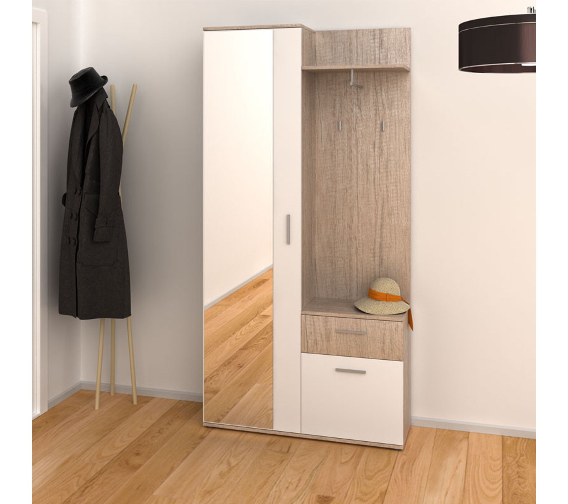 Meuble Vestiaire Blanc/chêne Avec Miroir Poubla Vestiaire BUT