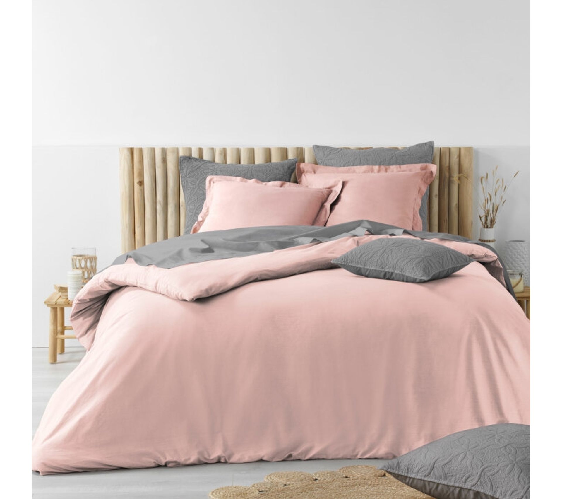 Pack Housse De Couette 220 X 240 Cm Coton Lavé 57 Fils Stonalia Rose
