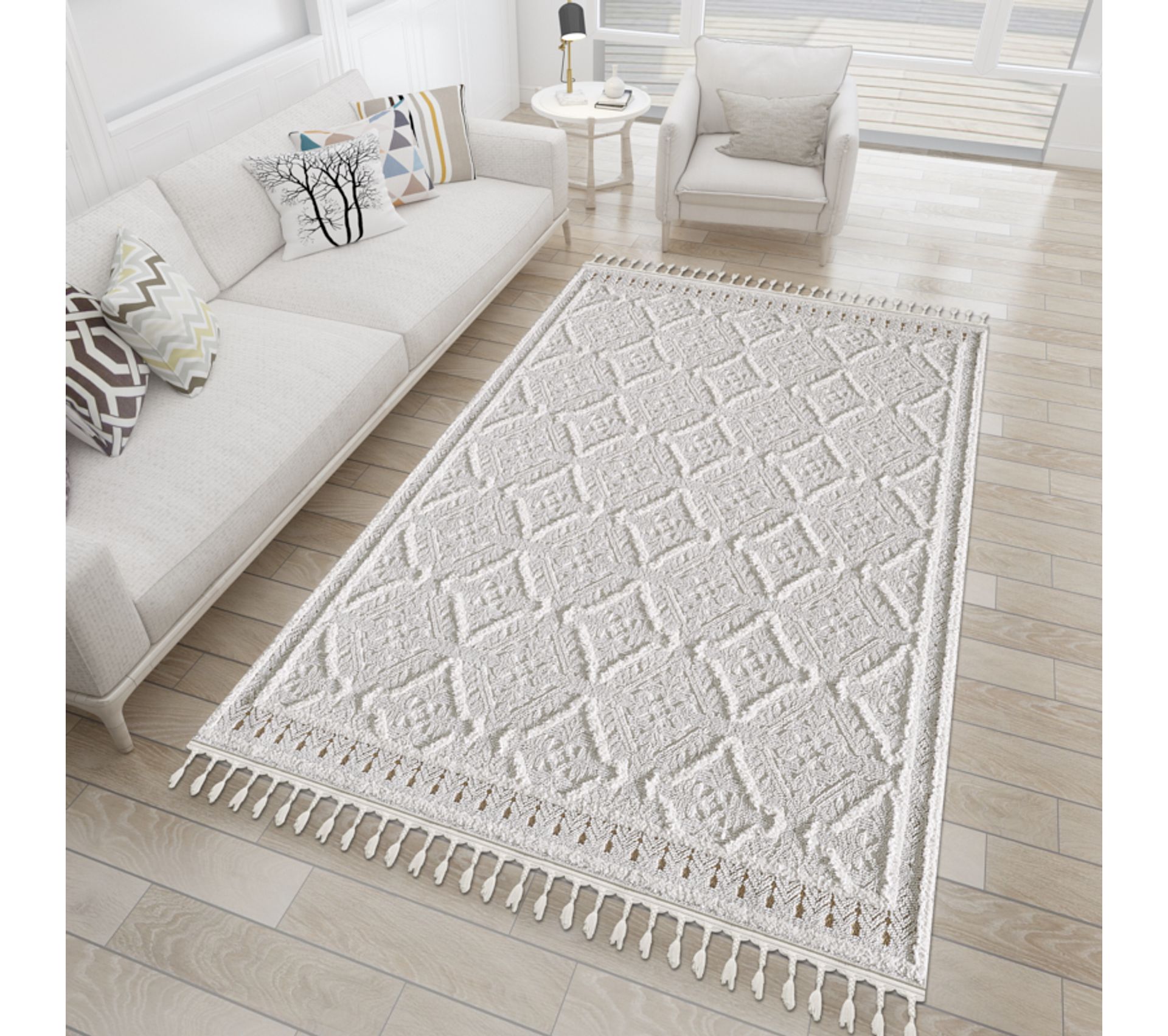 Tapis Crème Bohème Motifs Reliefs À Franges 200x290 Cm Tapis salon et chambre BUT