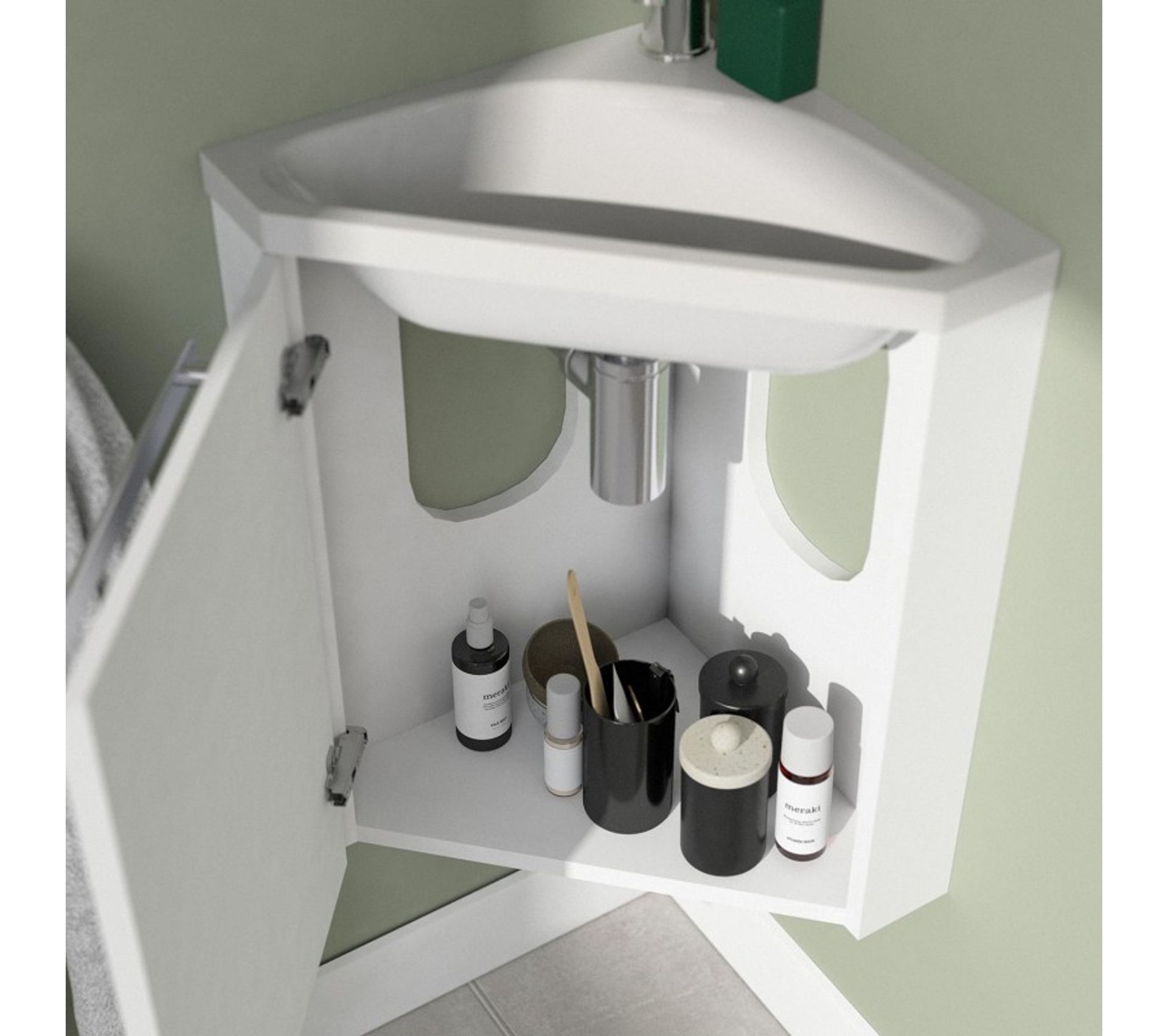 Meuble Lavabo D'angle Suspendu Blanc 48cm - Vasque Céramique, Miroir Antibuée, Robinet - Armoire Rangement Salle De Bain
