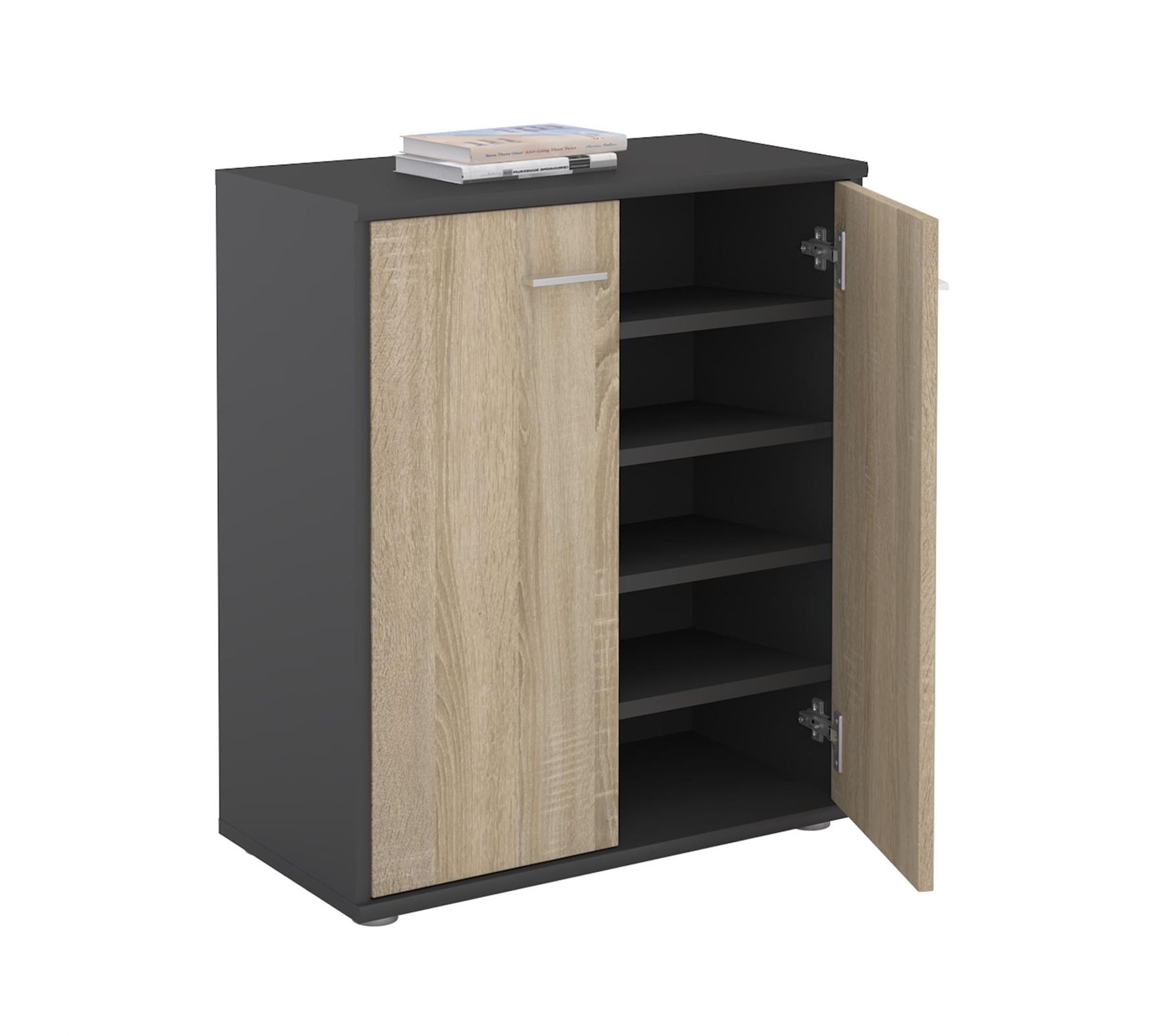 Meuble À Chaussures Olympe, En Mélaminé Gris Mat Et Décor Chêne Sonoma