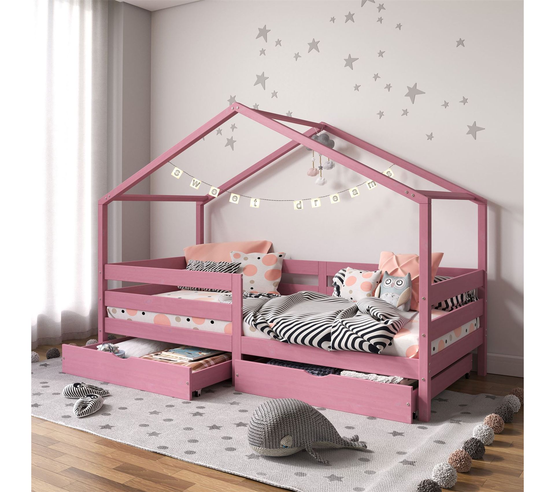 Lit Cabane Enfant IDIMEX 90x190cm - Pin Massif Gris Avec 2 Tiroirs | Style Montessori