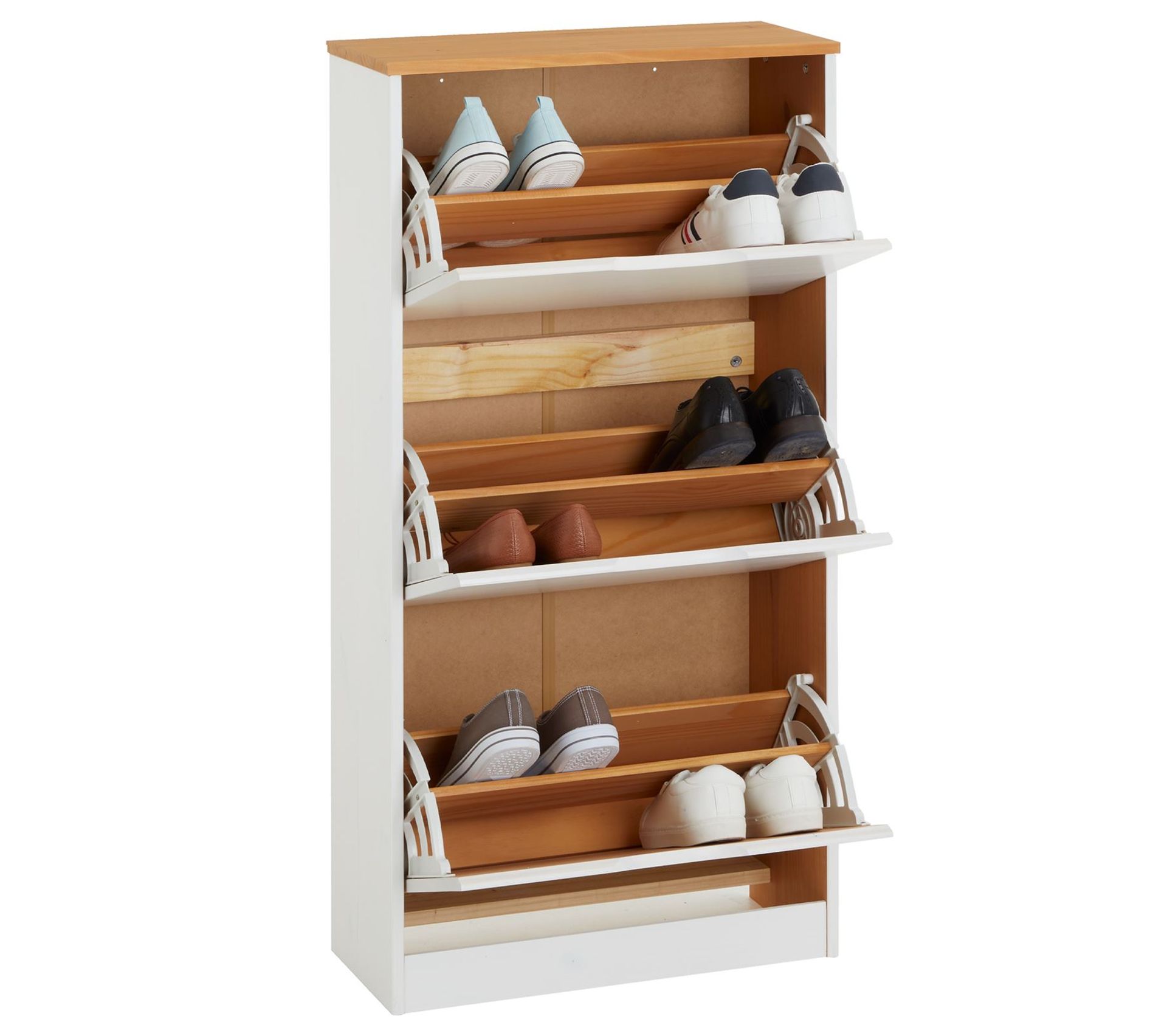 Meuble à Chaussures En Pin Basil, 3 Abattants, Lasuré Blanc Et Brun