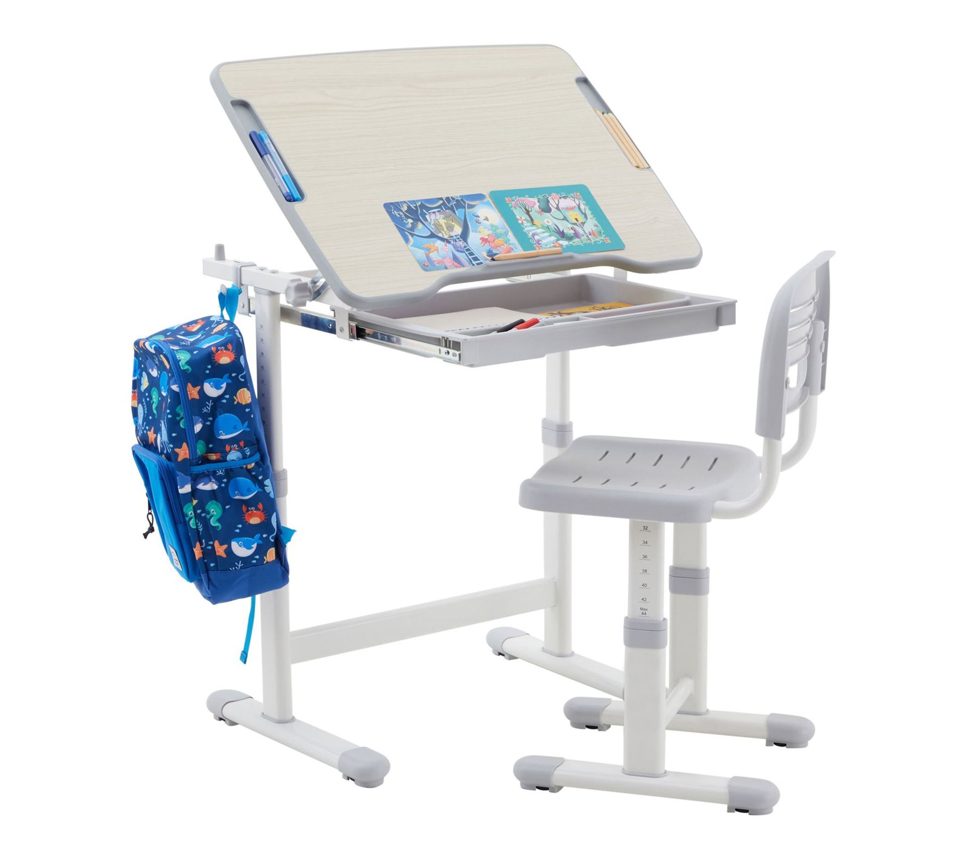 Bureau Et Chaise Enfant AIYAPLAY Avec Rangements - Bureau 60x48x68 Cm, Chaise Ergonomique, En MDF, Pour Enfants 3-8 Ans