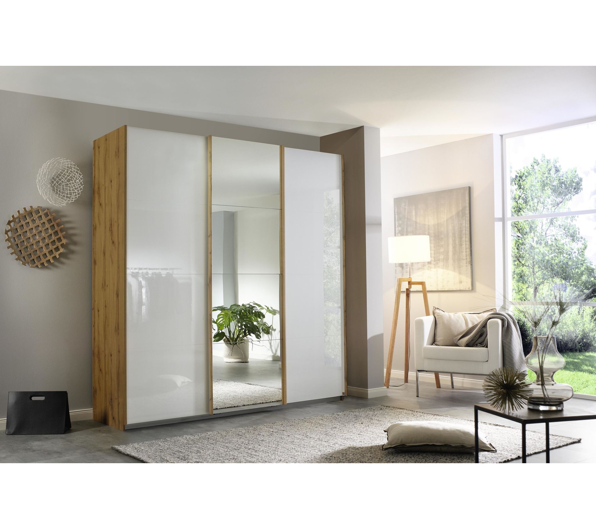 Armoire 3 portes L.203 cm MIAMI imitation chêne moyen et blanc laqué