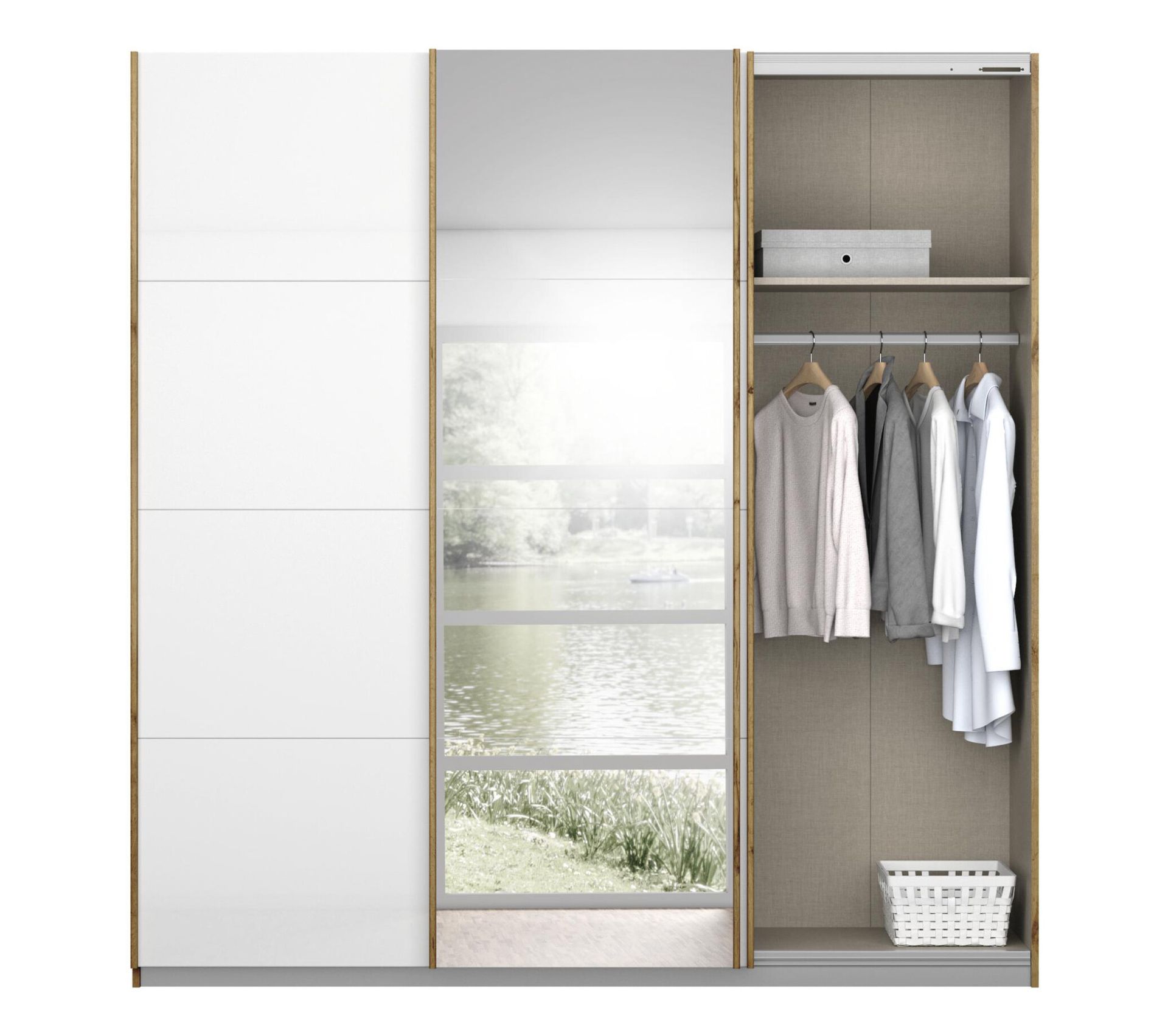 Armoire 3 portes L.203 cm MIAMI imitation chêne moyen et blanc laqué