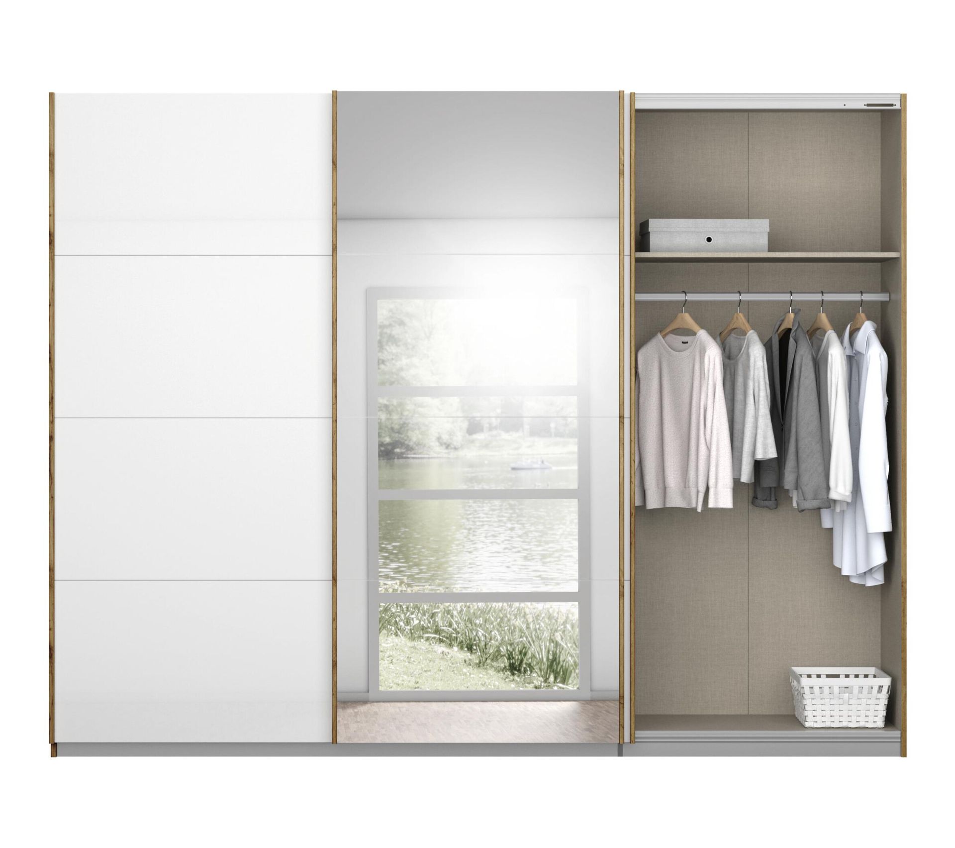 Armoire 3 portes L.271 cm MIAMI imitation chêne moyen et blanc laqué