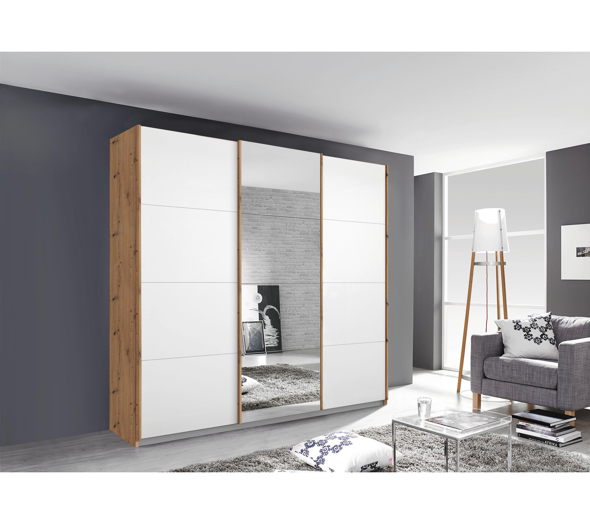 Armoire 3 portes L.203 cm MIAMI imitation chêne artisan et blanc laqué