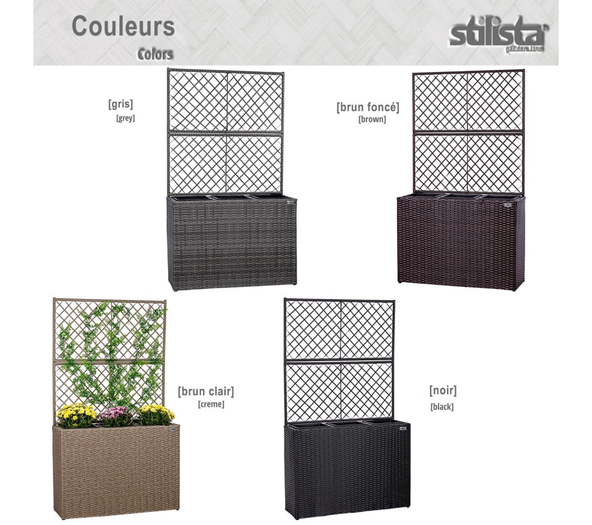 Set De 3 Jardinières En Polyrotin Crème Avec Treillis - 146x83x30,5cm Pour Balcon Ou Jardin