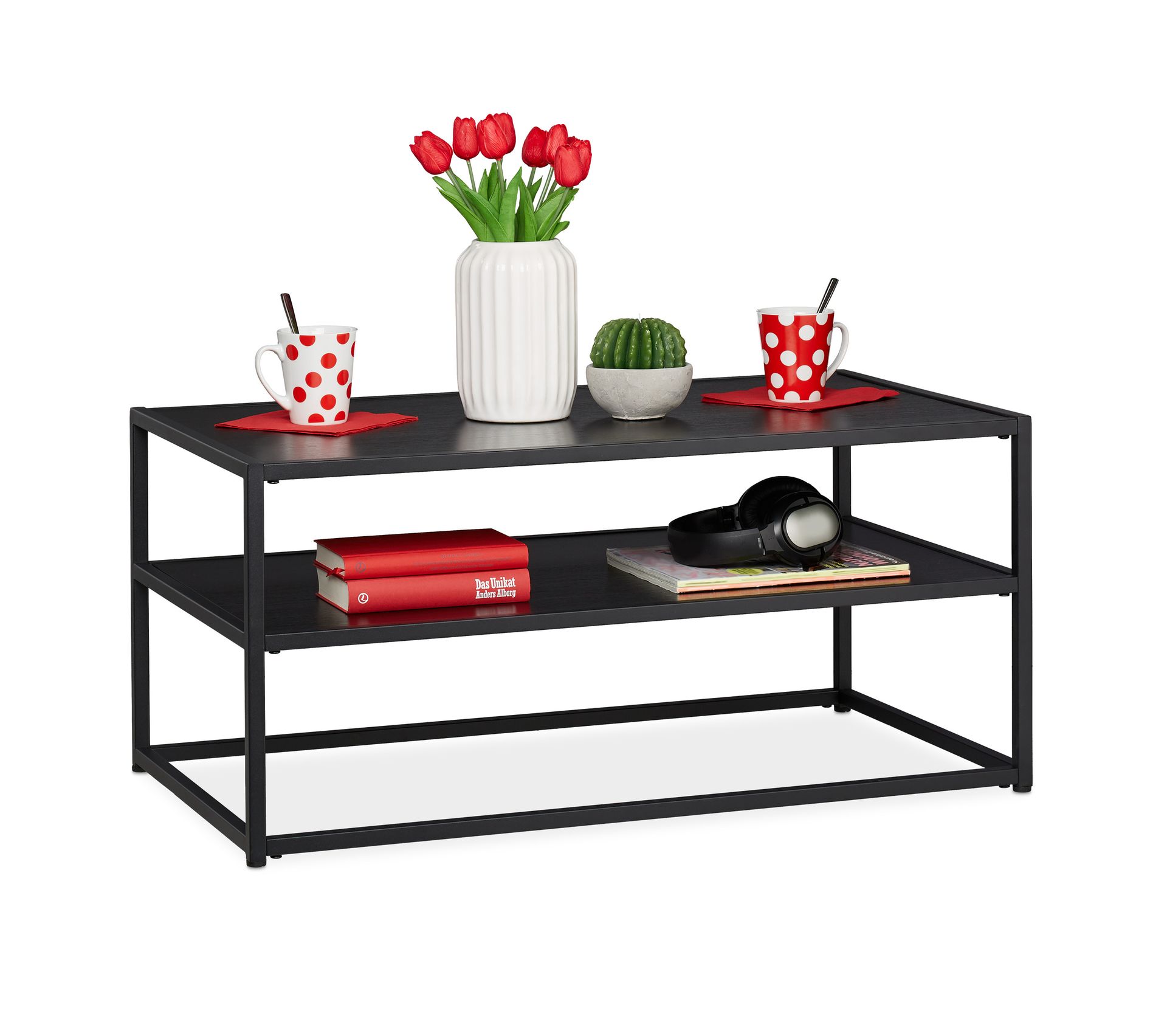 Table Basse Noire Brillante Avec Lampe LED - 100x50x39 Cm, Avec 2 étagères Et Tiroir, Design Moderne Pour Salon
