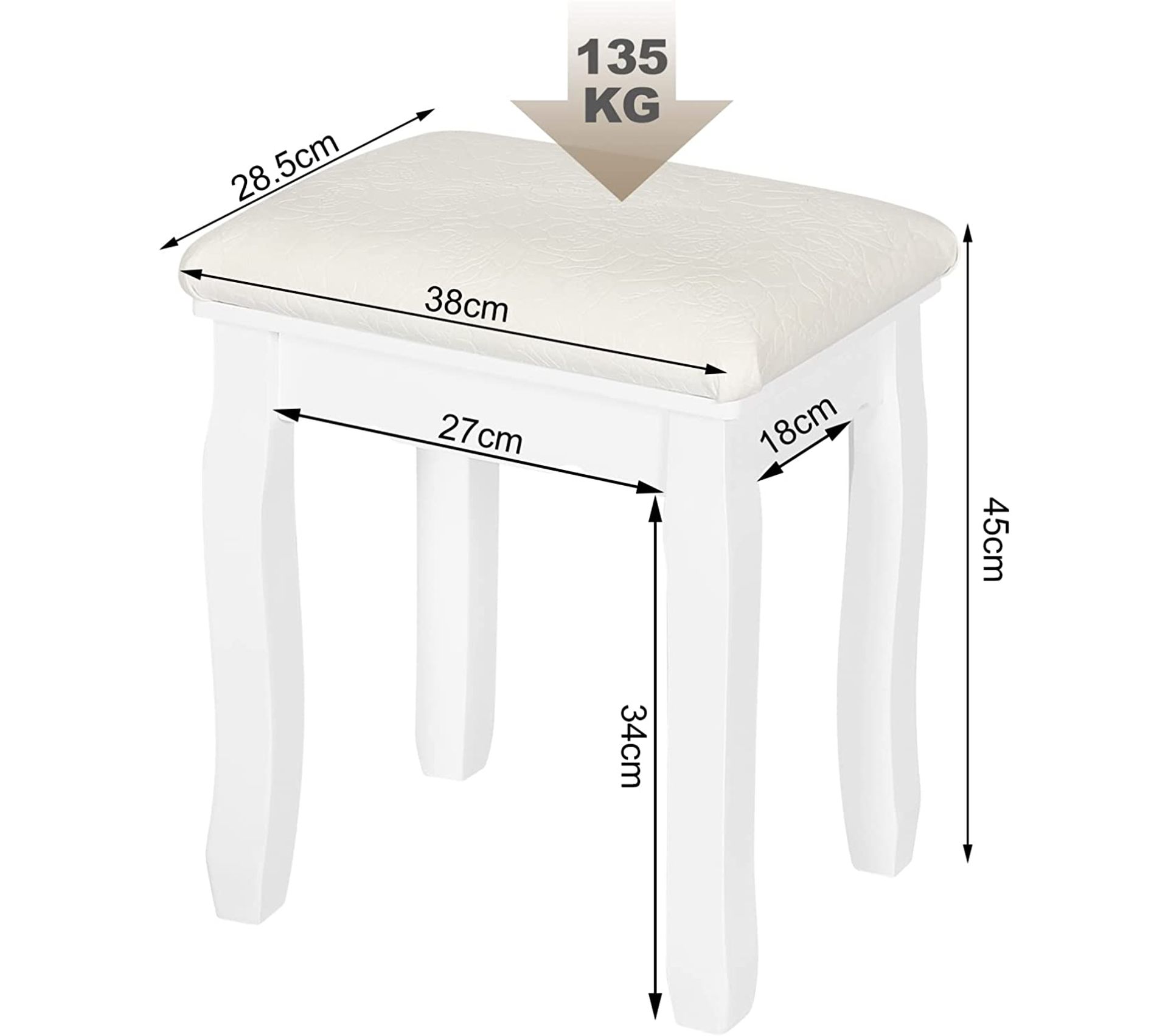 Tabouret De Maquillage Luxstein En Bois Blanc - 40x23.5x43 Cm, Rembourré - Pour Coiffeuse, Salon, Chambre