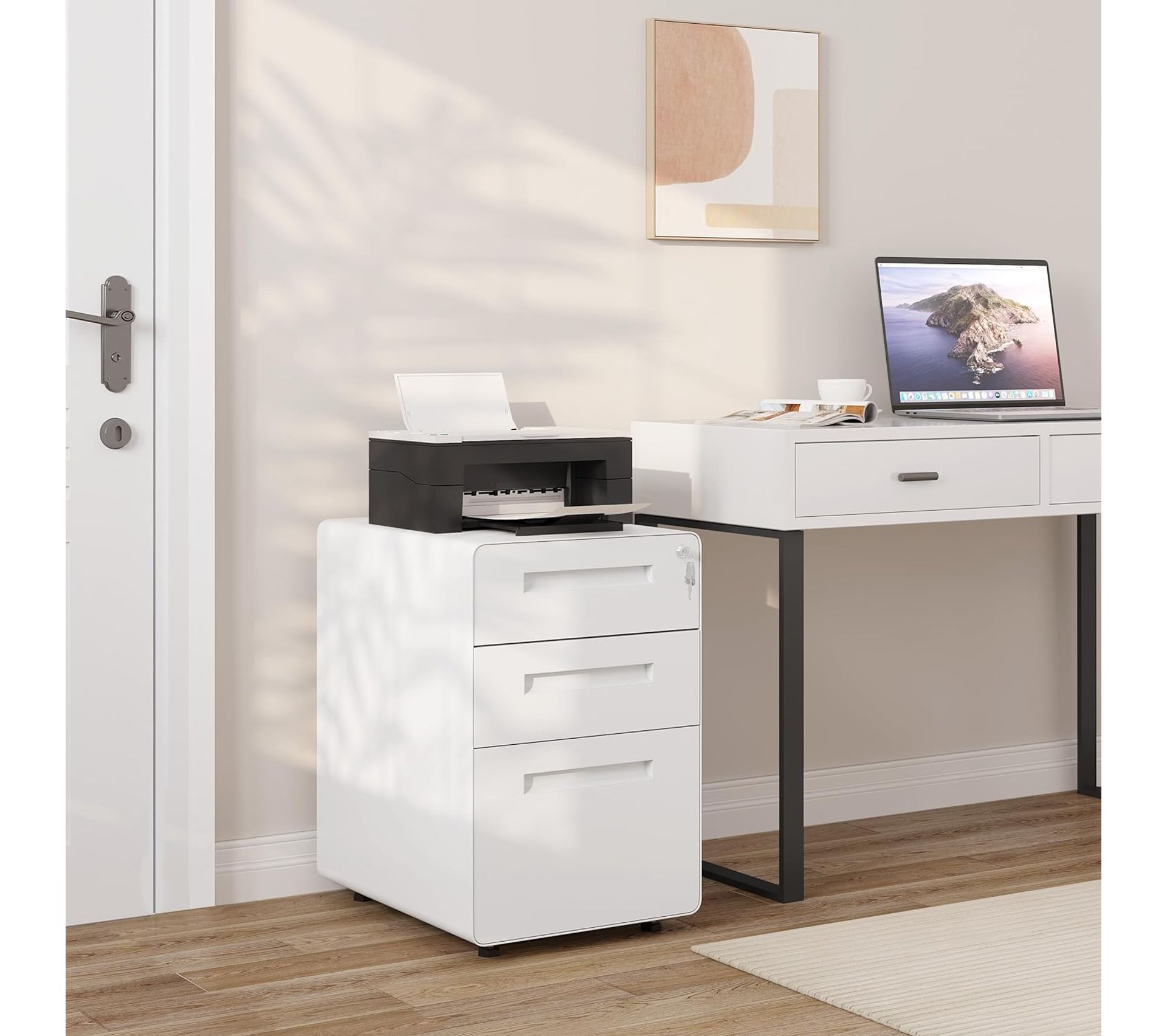 Caisson De Bureau Avec 3 Tiroirs Verrouillables - 40x40x101 Cm, Blanc, Rangement Compact