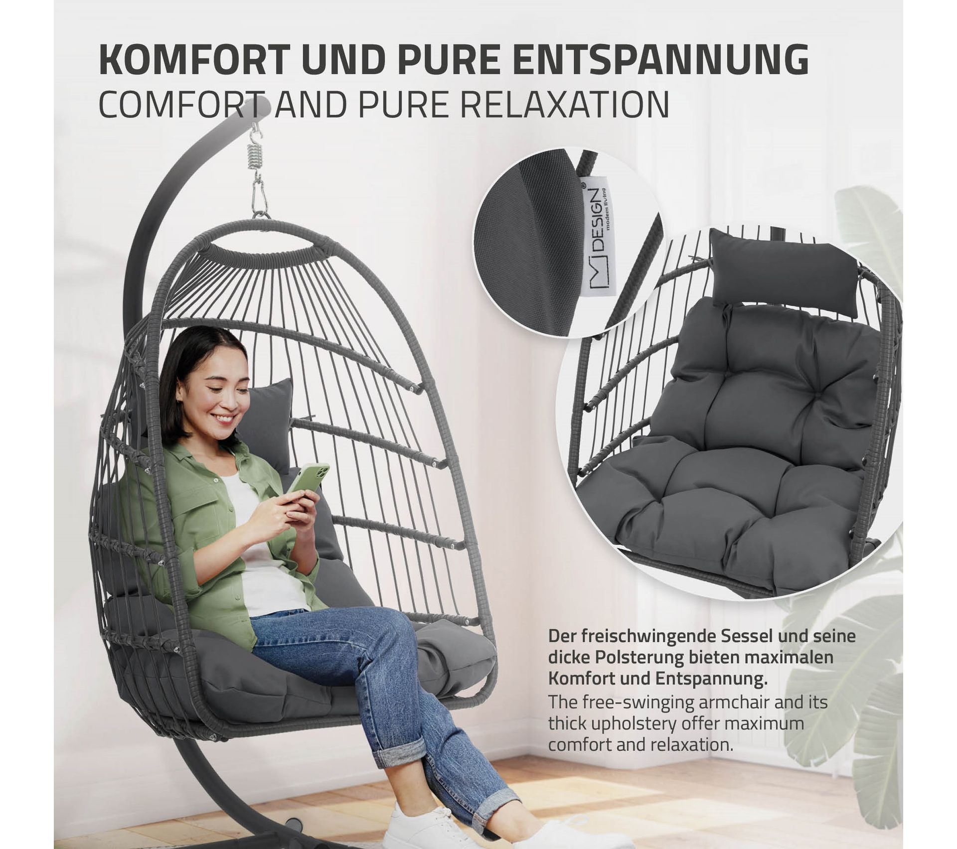 Chaise œuf Suspendue Avec Coussin Amovible - 105x90cm, Intérieur/extérieur, Pour Balcon Ou Salon