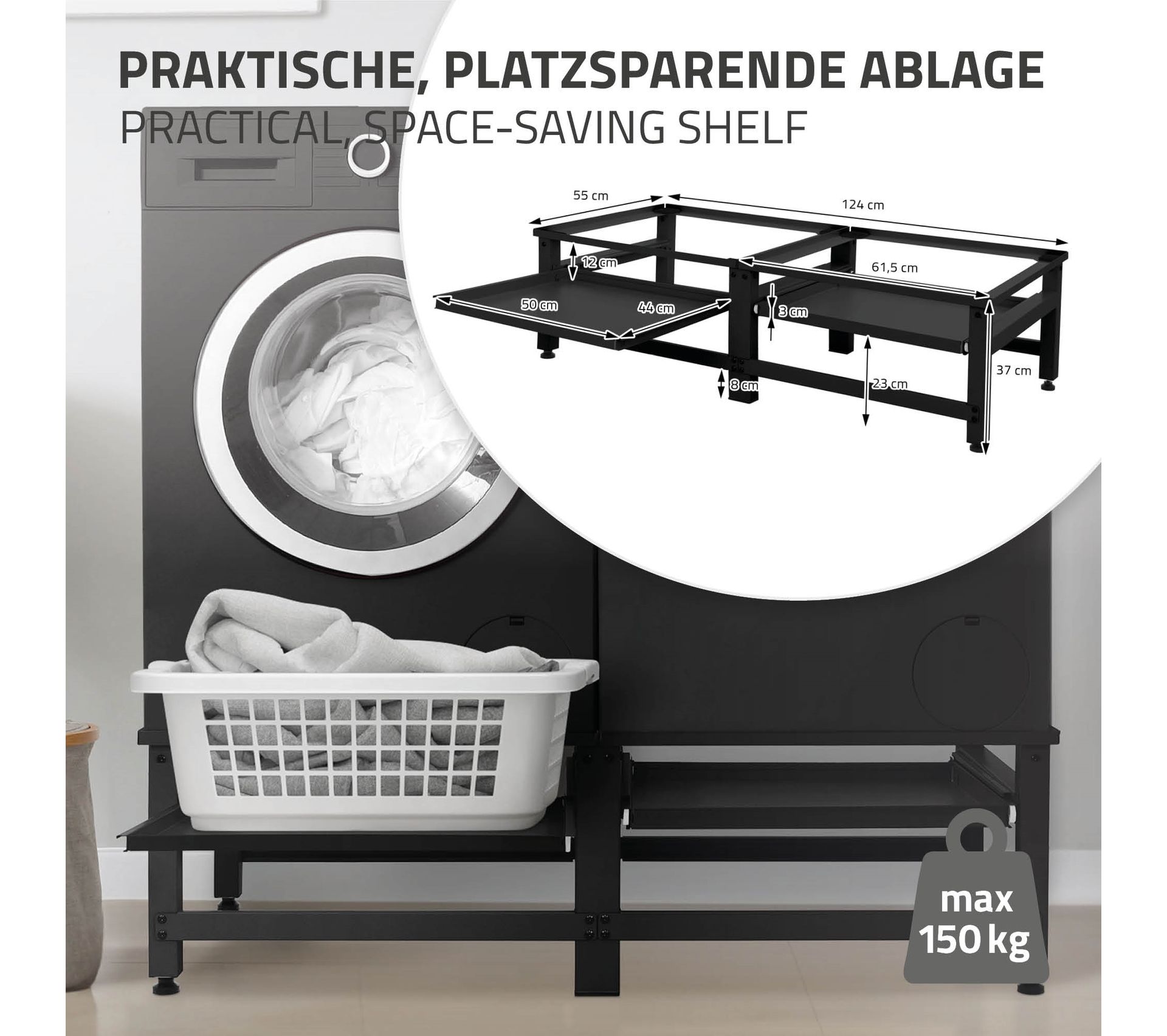 Socle Machine À Laver Double Avec Étagère Base Sèchelinge Noir 150 Kg/support Etagère