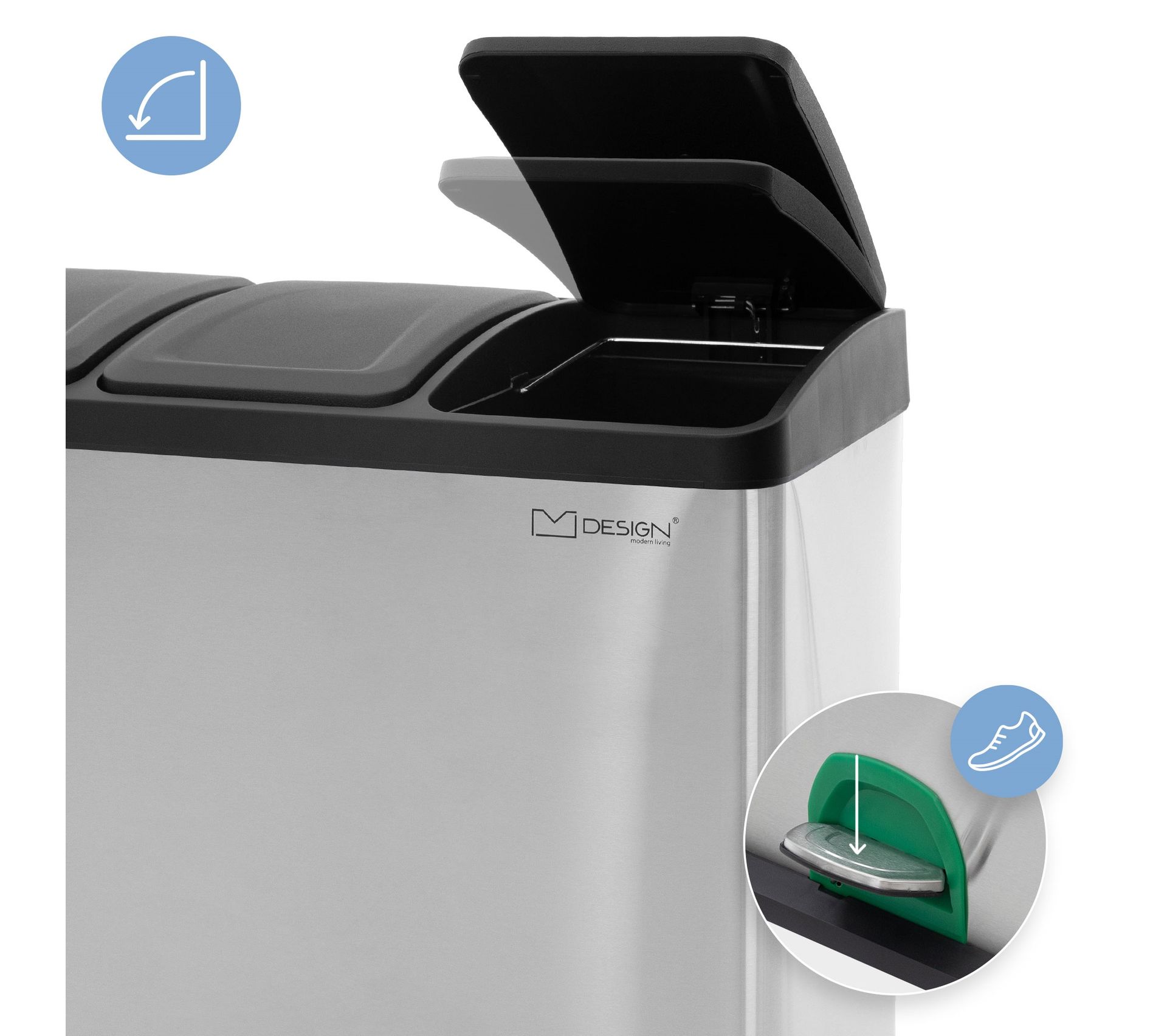 Poubelle Tri Sélectif 3x20L - Acier Inox Noir, 60L, Pédale, Anti-Odeurs, Pour Cuisine - 4