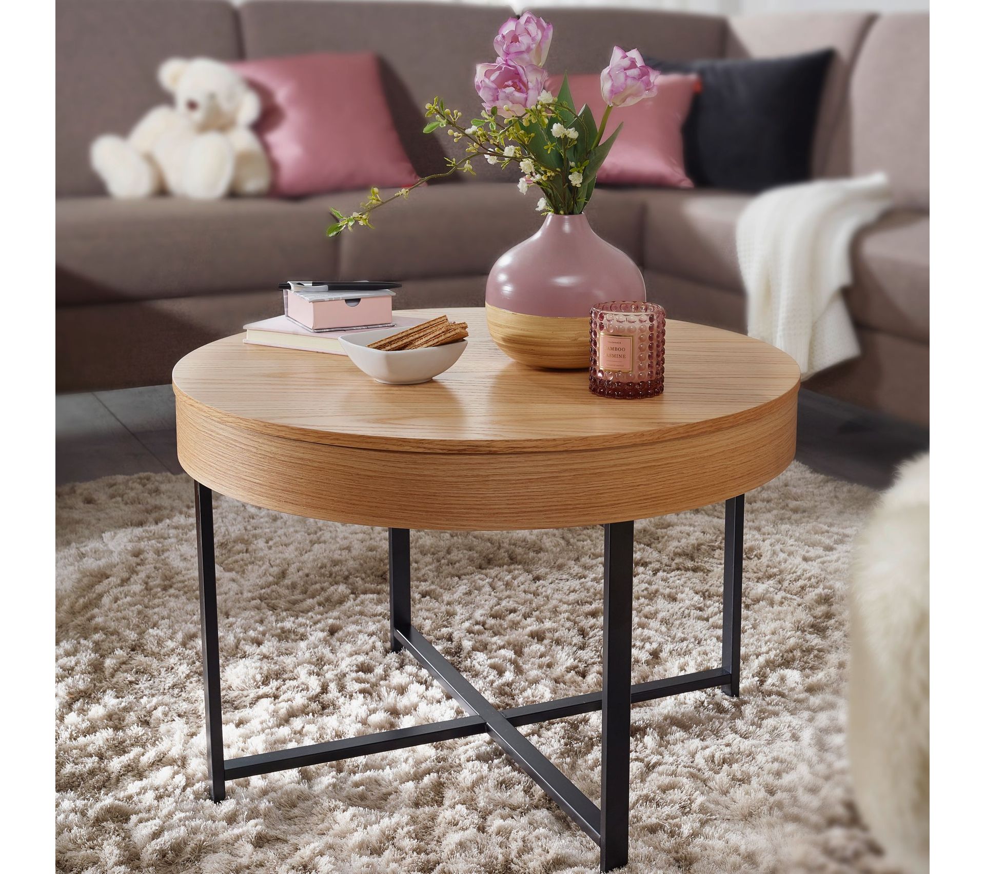 Table Basse Design Ø69 Pieds Métal Plaqué Chêne Table De Salon Espace ...