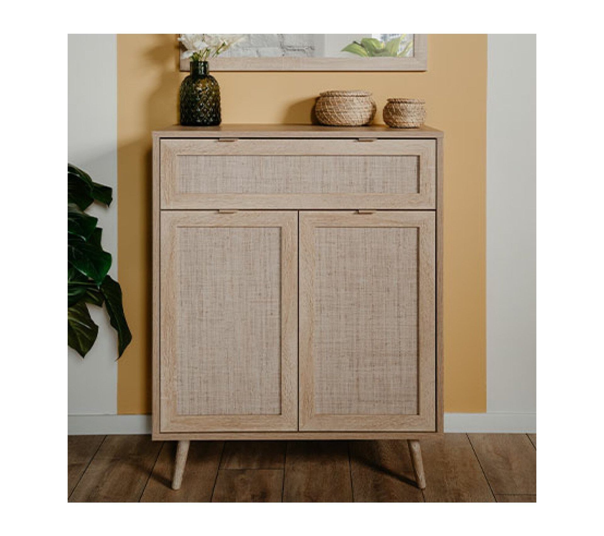 Meuble à Chaussures 2 Portes 1 Tiroir L80 Cm Impression Effet Rotin