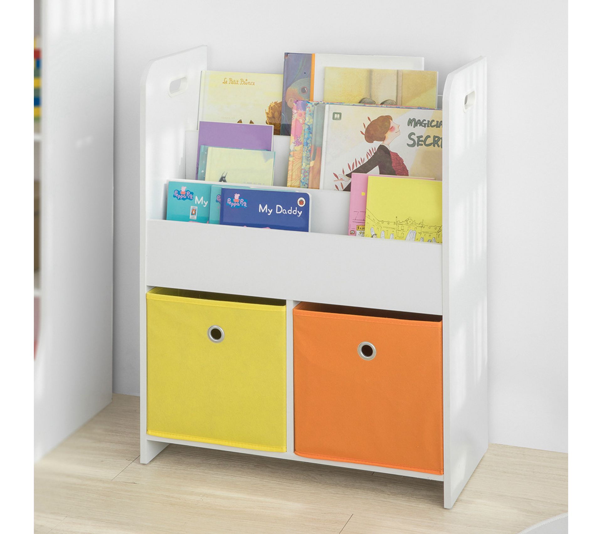 Bibliothèque Pour Enfants Avec Roues OHMG - 3 Compartiments, Design Étoiles, Méthode Montessori (Blanc/Gris)