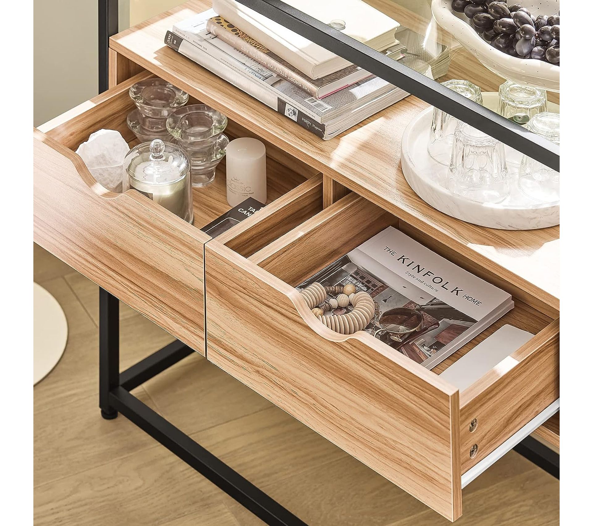 Table Console Industrielle Avec 2 Tiroirs - 120x75x30 Cm - Style Béton Clair Et Métal Noir - Idéale Entrée Salon