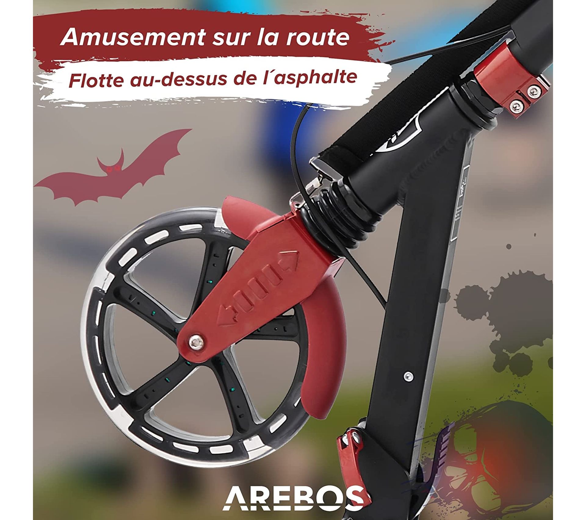 Trottinette Arebos Avec Roues LED - Suspension - Support Bouteille - Pliable - 100kg Max