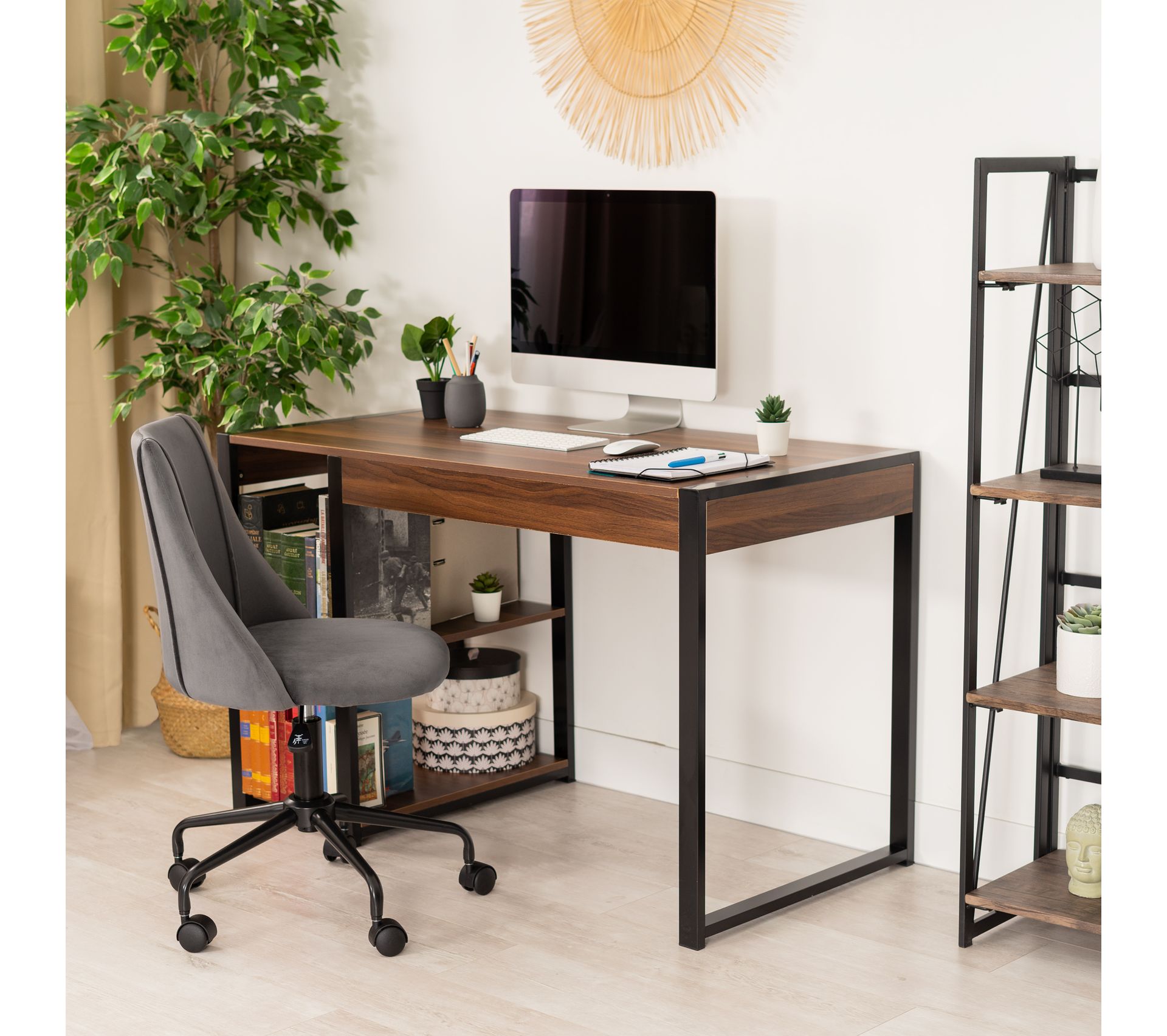 Bureau industriel rangement 2 étagères soutien imprimante bois foncé