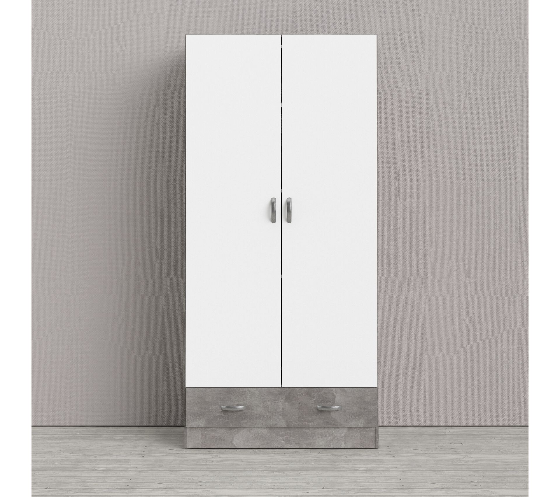 Armoire 2 Portes L 80 Cm Little Imitation Beton Et Blanc Armoire But