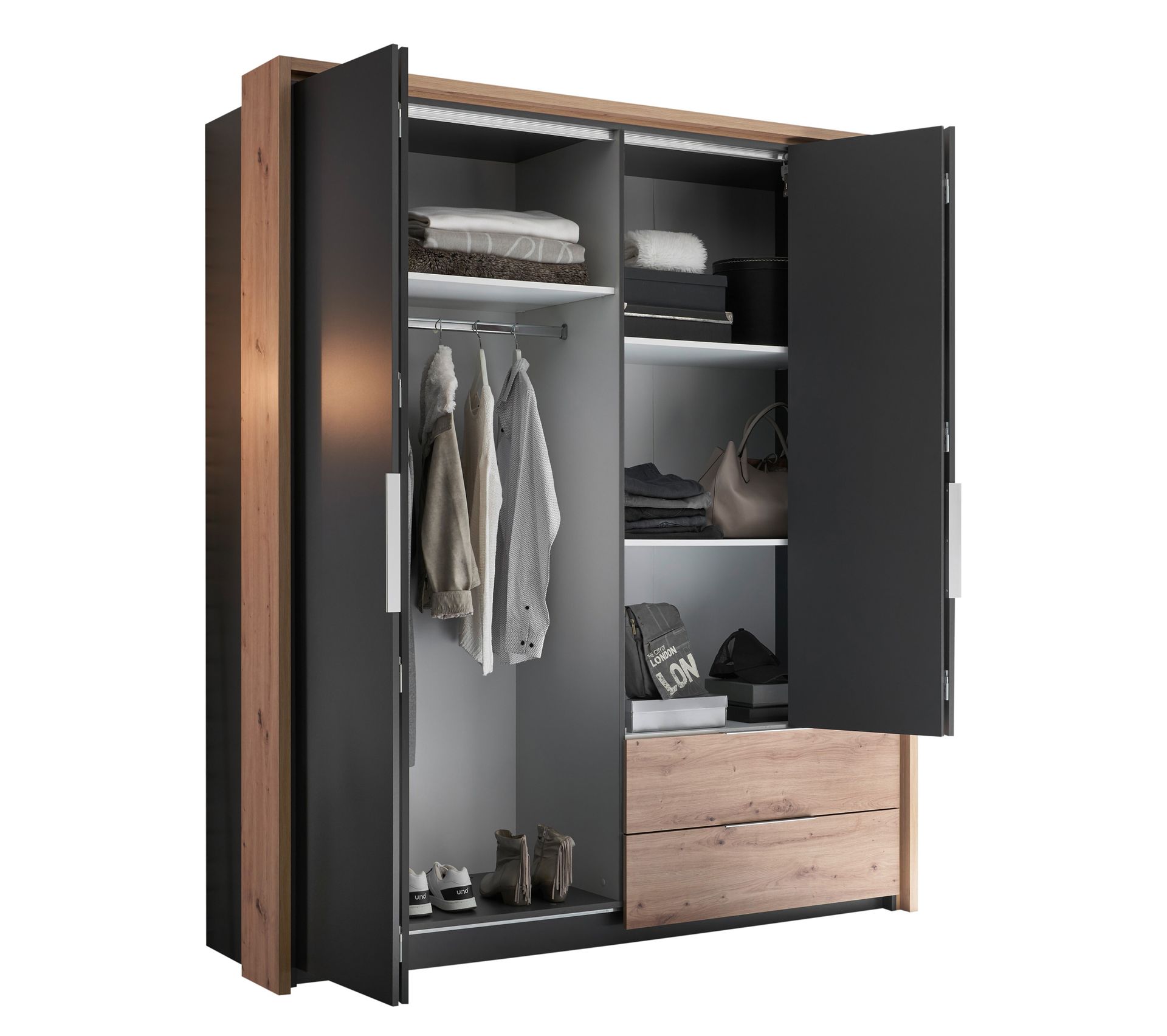 Armoire 4 portes 2 tiroirs L.192 cm FOLD imitation chêne artisan et gris foncé Armoire BUT