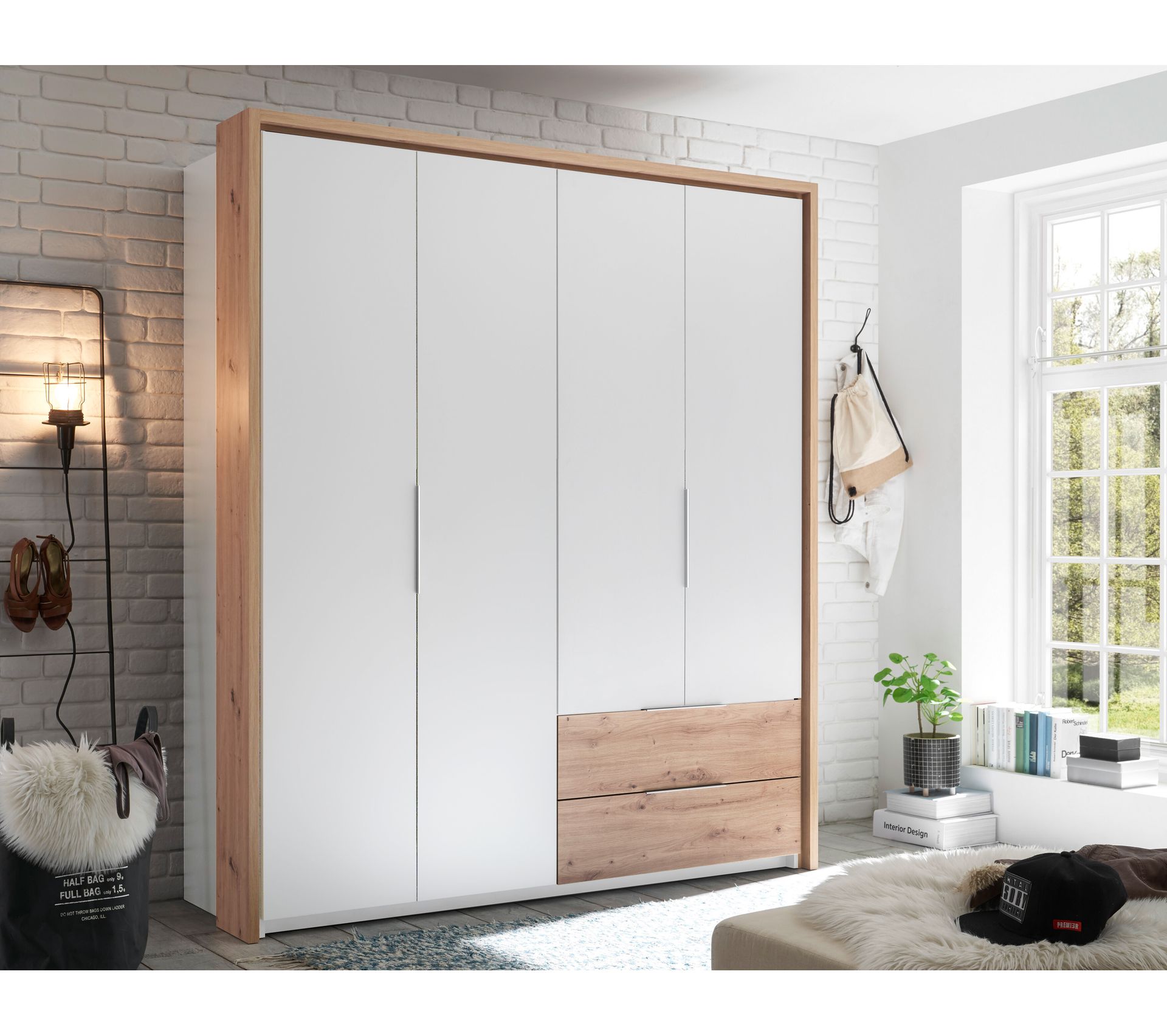 Armoire 4 portes 2 tiroirs L.192 cm FOLD imitation chêne artisan et blanc Armoire BUT