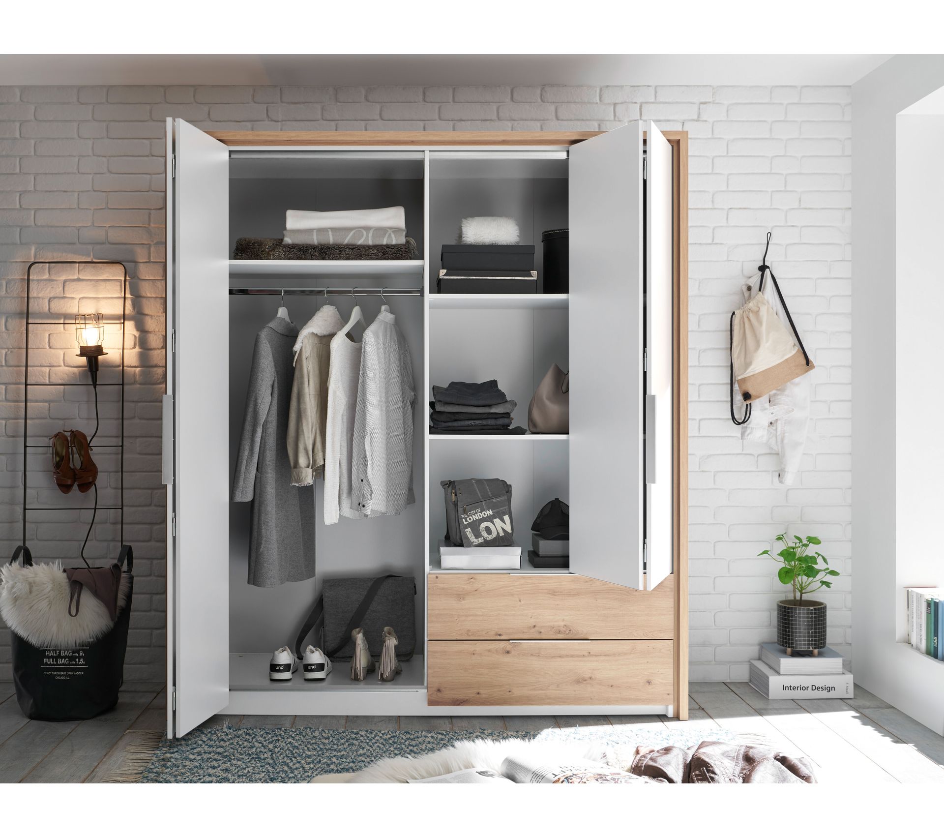 Armoire 4 portes 2 tiroirs L.192 cm FOLD imitation chêne artisan et blanc Armoire BUT