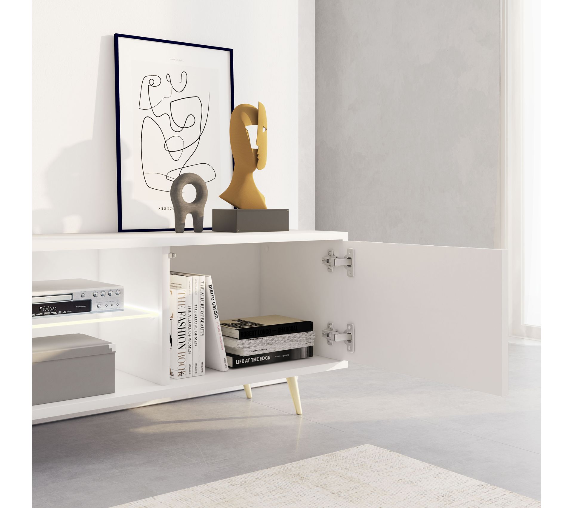 Bello Meuble TV LED 175 Cm Blanc, Façades À Lamelles Et Pieds Dorés Meuble TV BUT