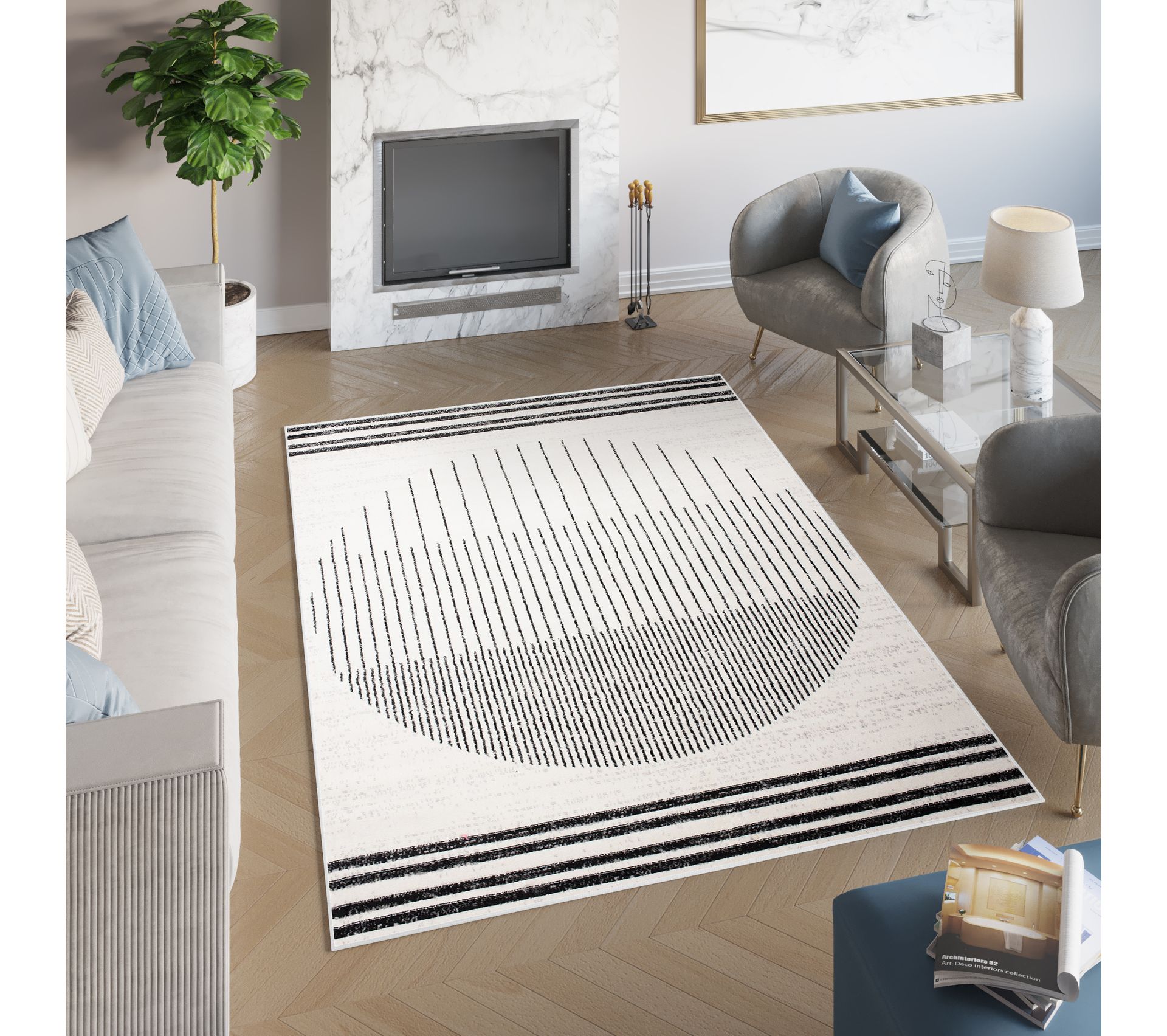 Tapis Salon Noir Gris Crème Rayures 200x300 cm Juno Tapis salon et chambre BUT