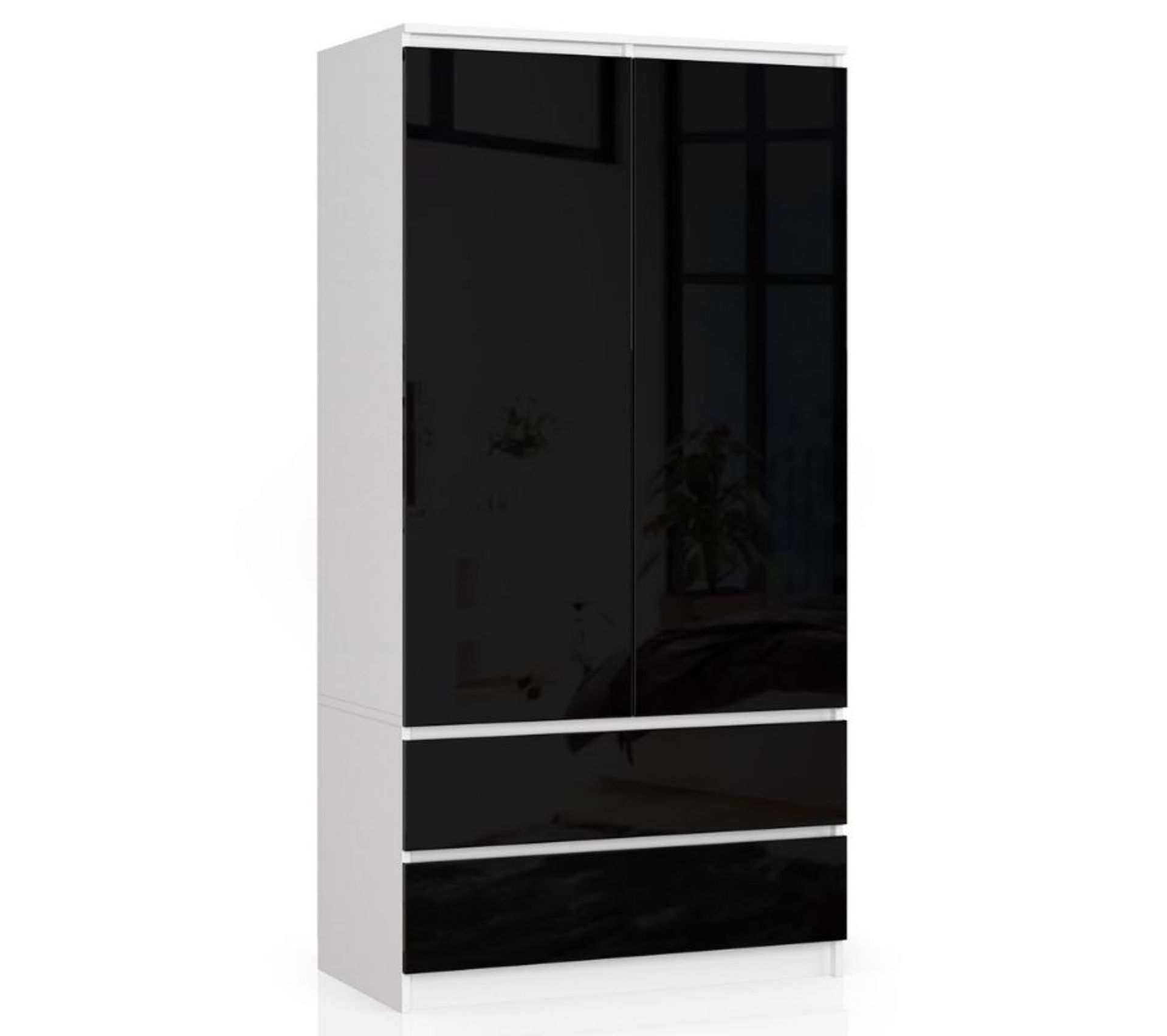 Armoire S90 Blanche 90 Cm 2 Portes 2 Tiroirs Façade Noir Brillant 4