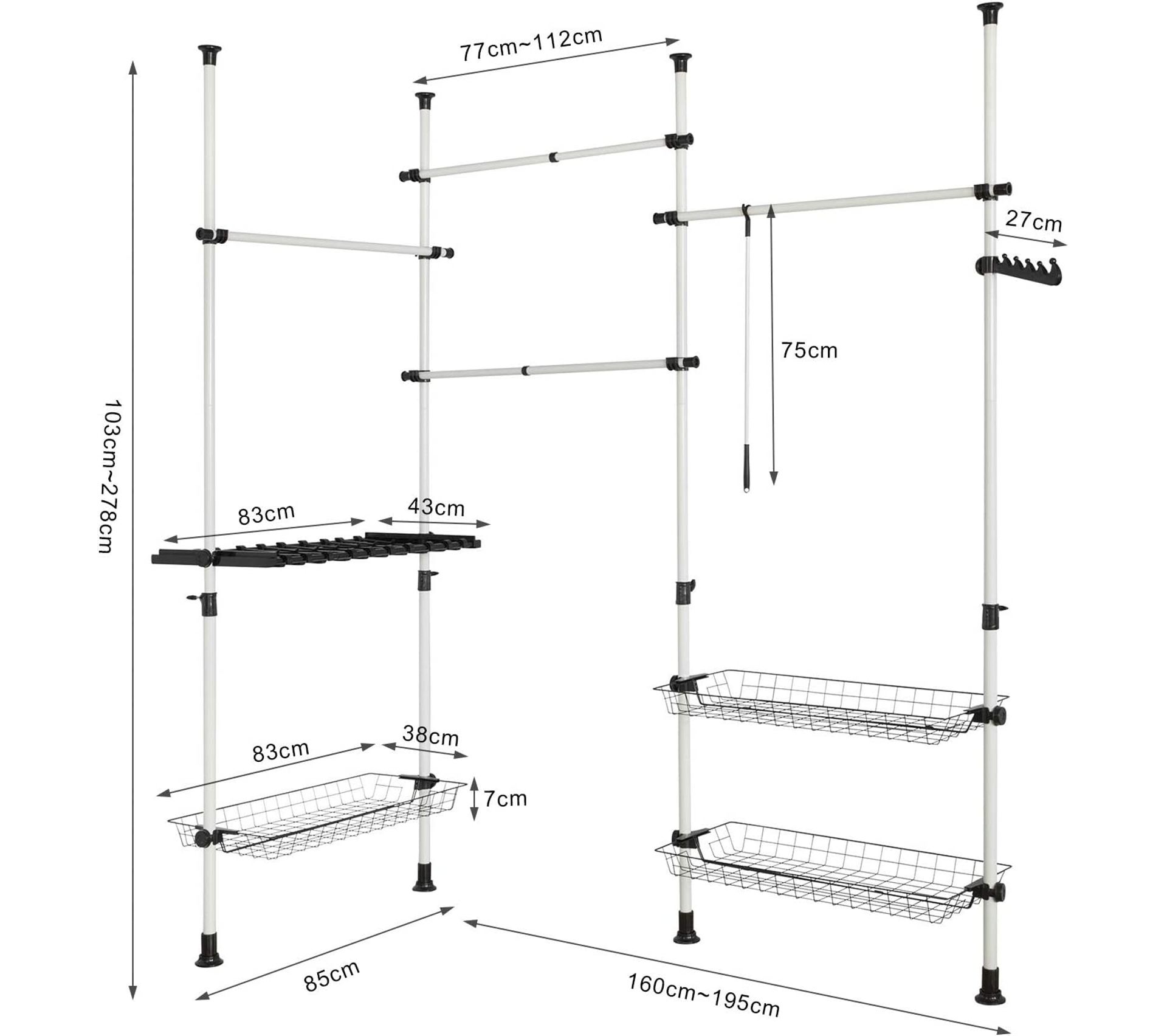 Portant Vêtements Télescopique 3 Barres 4 Niveaux – Hauteur Réglable 281-329 Cm, Pas De Perçage, Capacité 60 Kg Par Barre