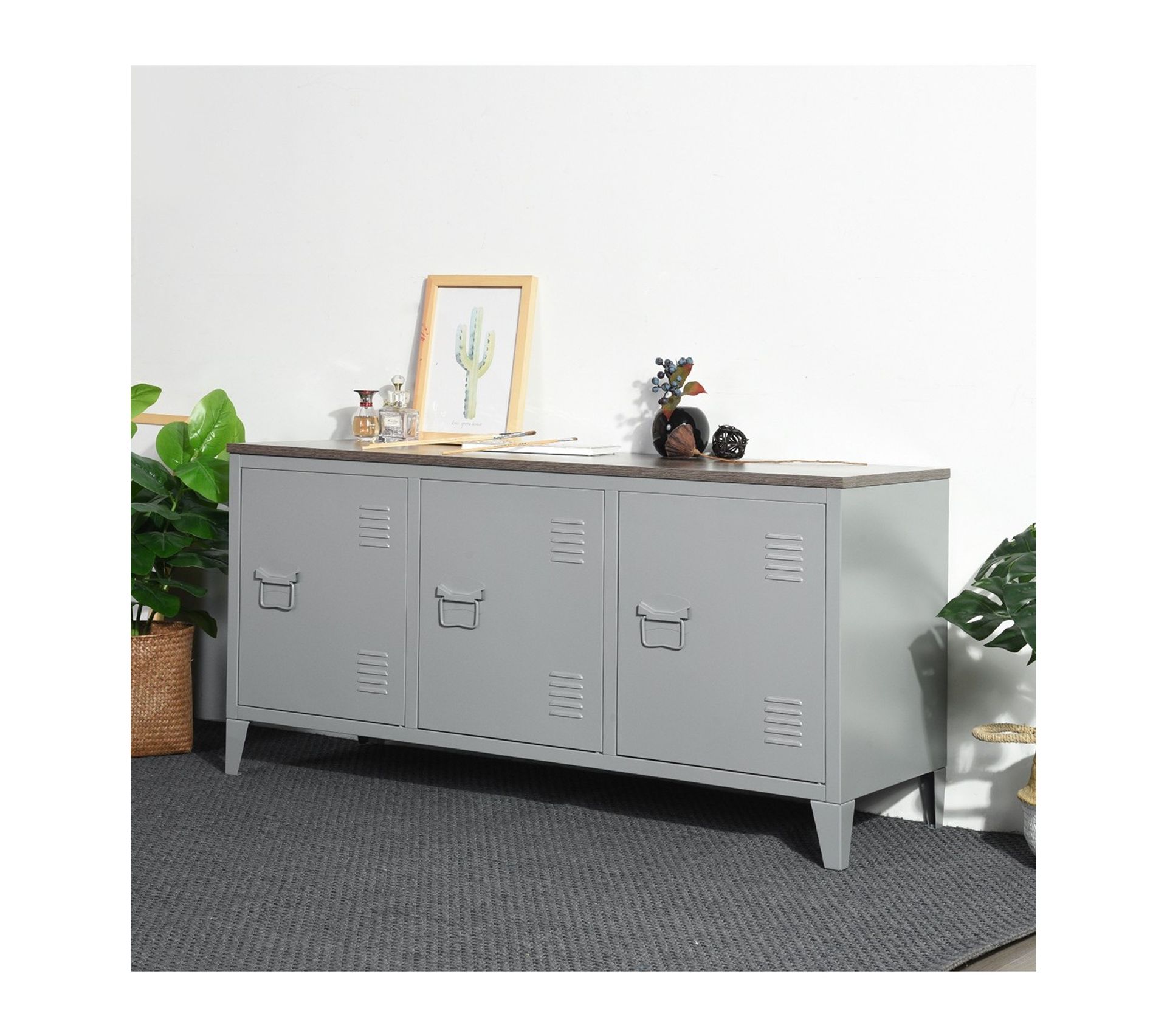 Armoire Basse En Métal 3 Portes Avec Plateau En Bois Buffet BUT