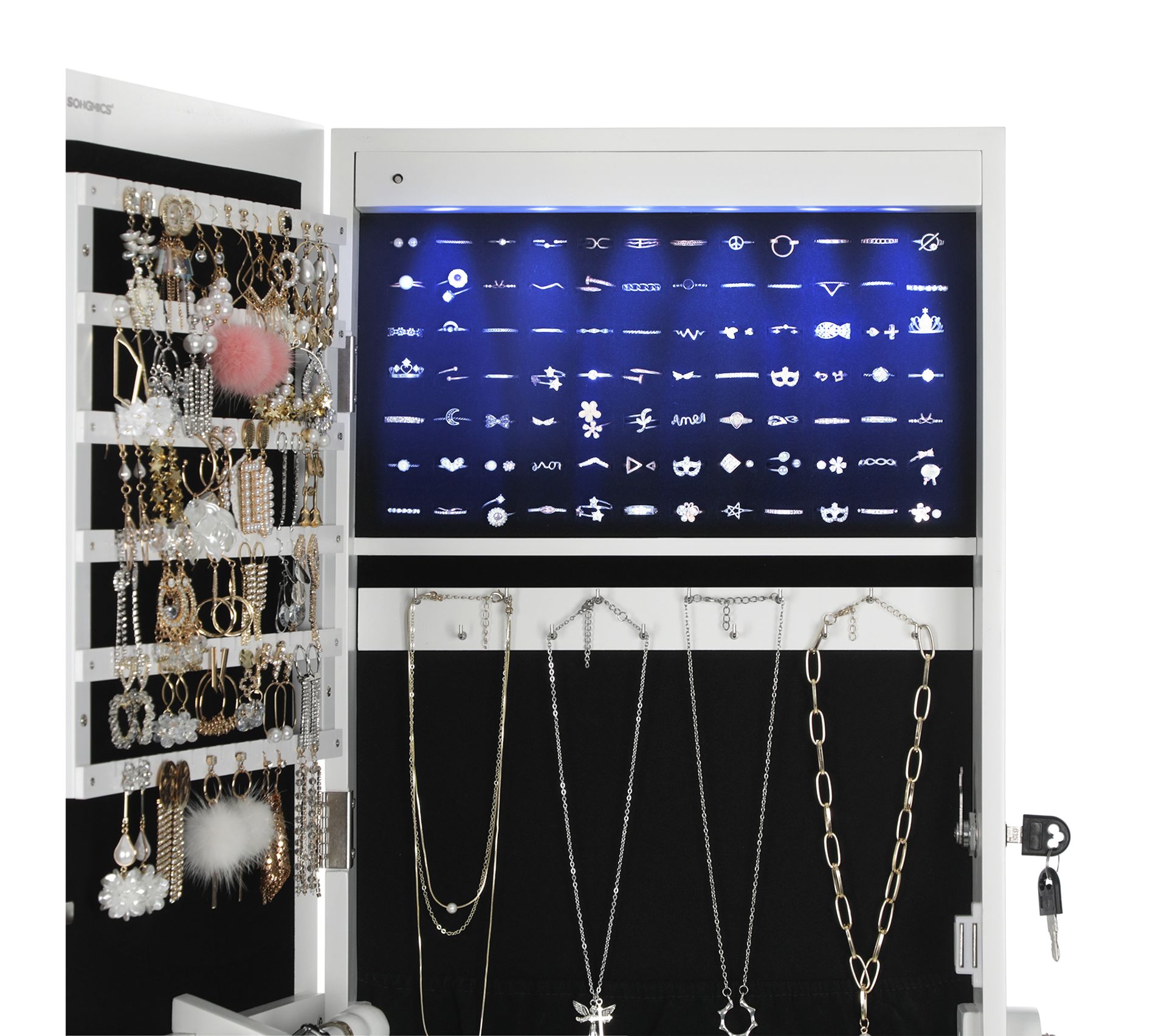 Armoire à Bijoux Sur Pieds 27x20x57 Cm - 5 Tiroirs + 2 étagères, Blanc, MDF Et Pin, Capacité Totale 20 Kg