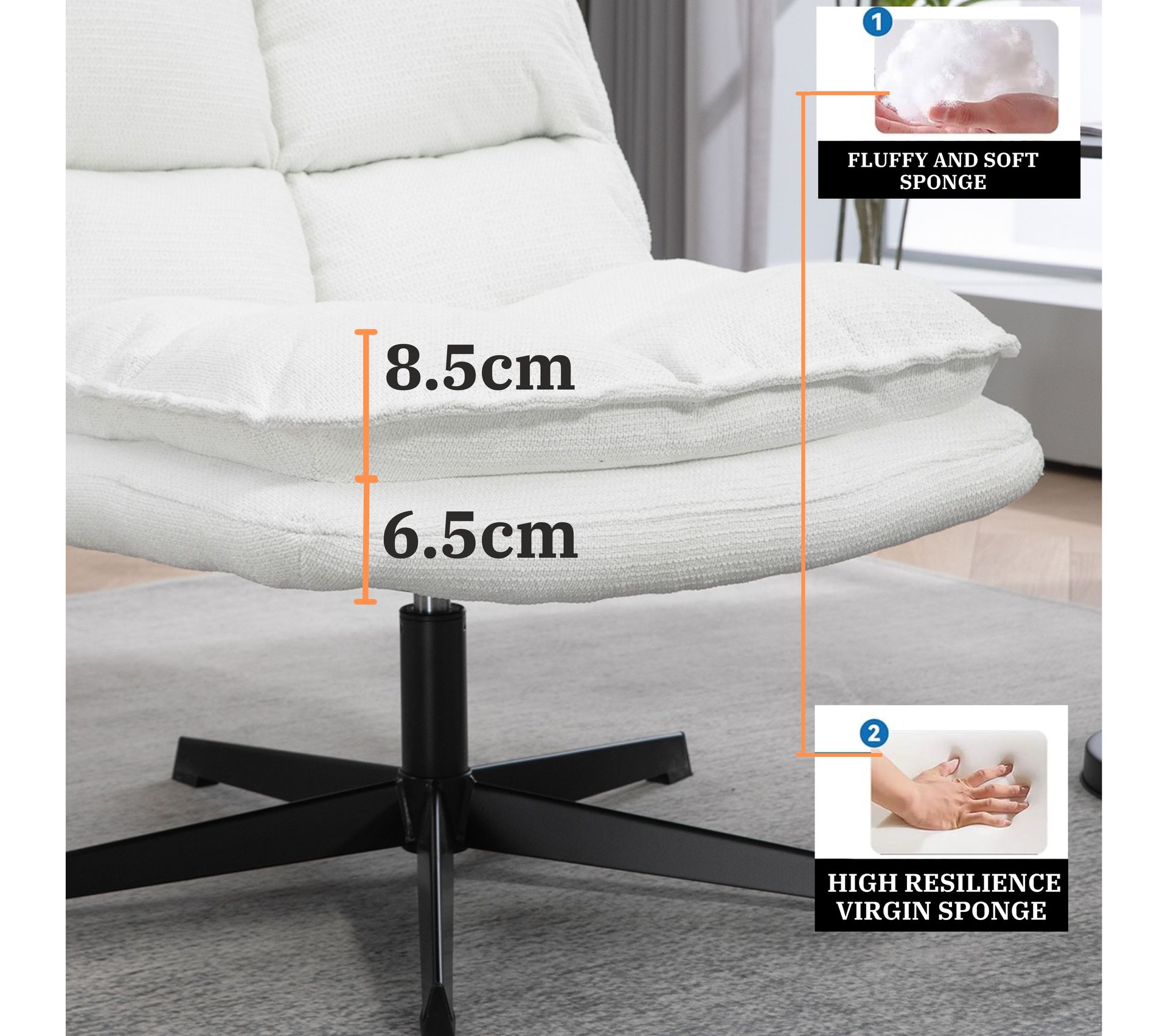 Fauteuil Pivotant 360° Scandinave Gris - Dossier Pliable, Assise Large Rembourrée, Pieds Métal Noir - Pour Salon, Bureau