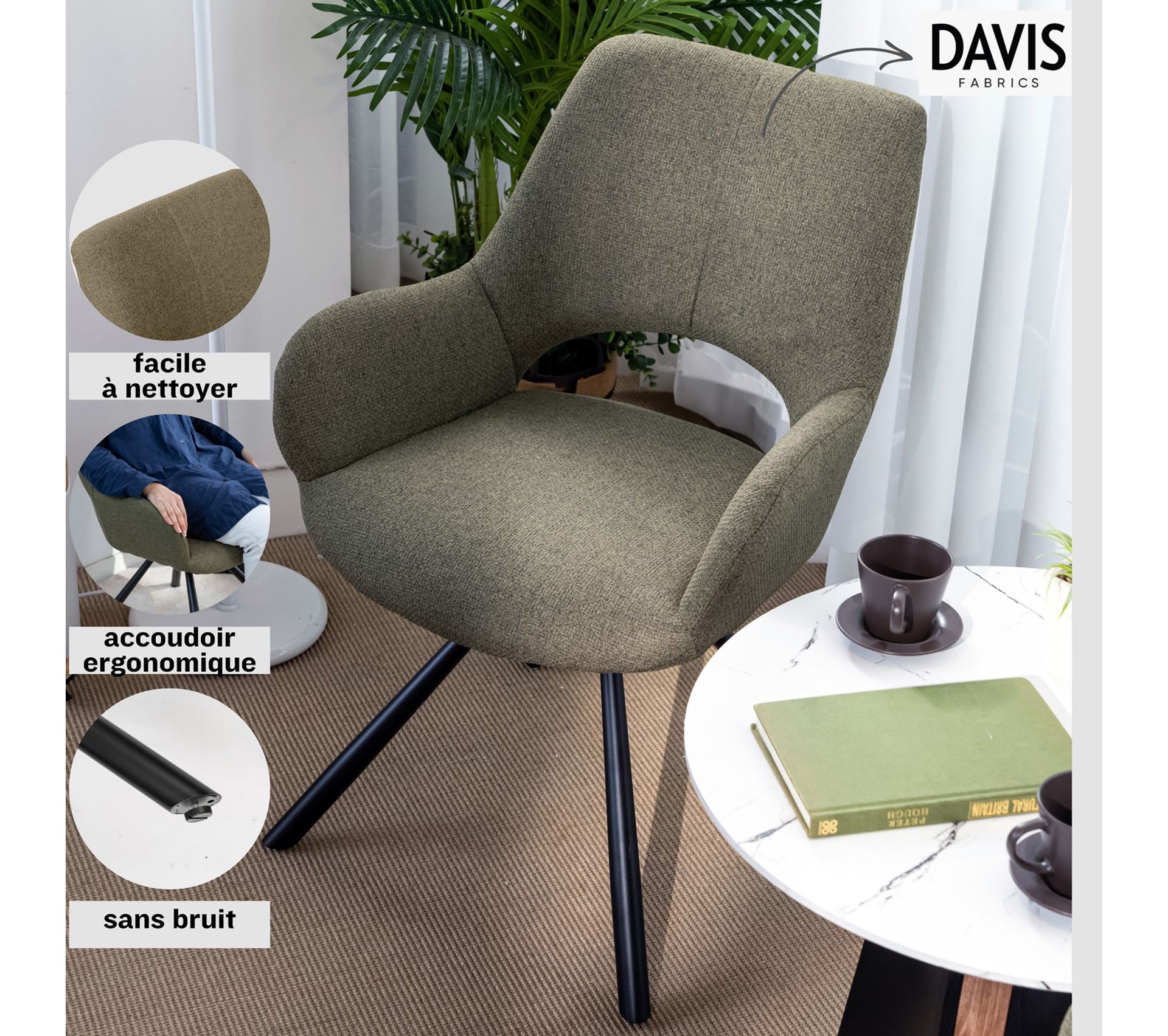 Fauteuil Bas Sans Accoudoirs Tissu Vert Imprimé Jungle - Rembourrage épais, Style Rétro, Charge 120 Kg